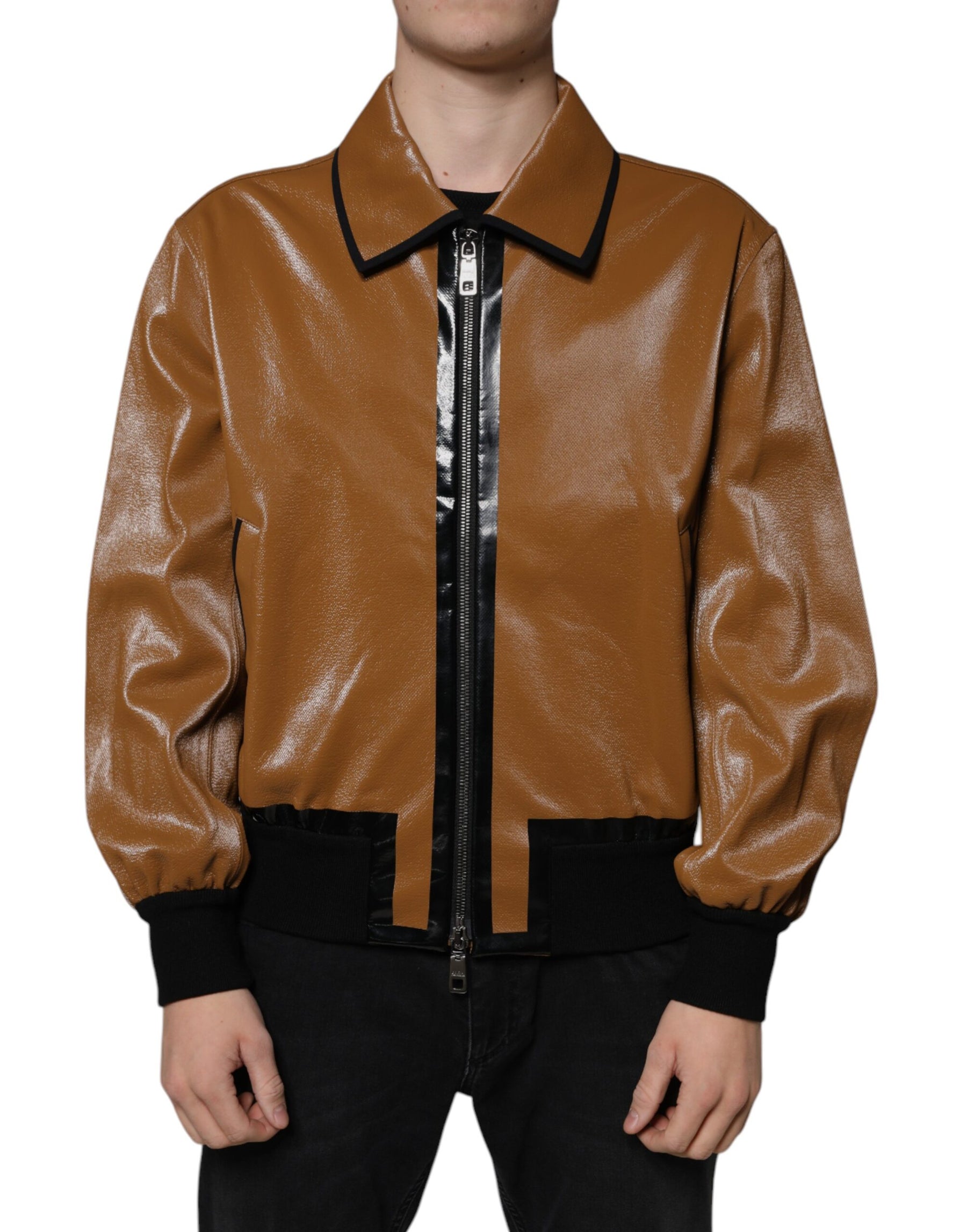 Dolce & Gabbana Brown Leather Full Zip Men Bomber Jacket | Regal Royce
