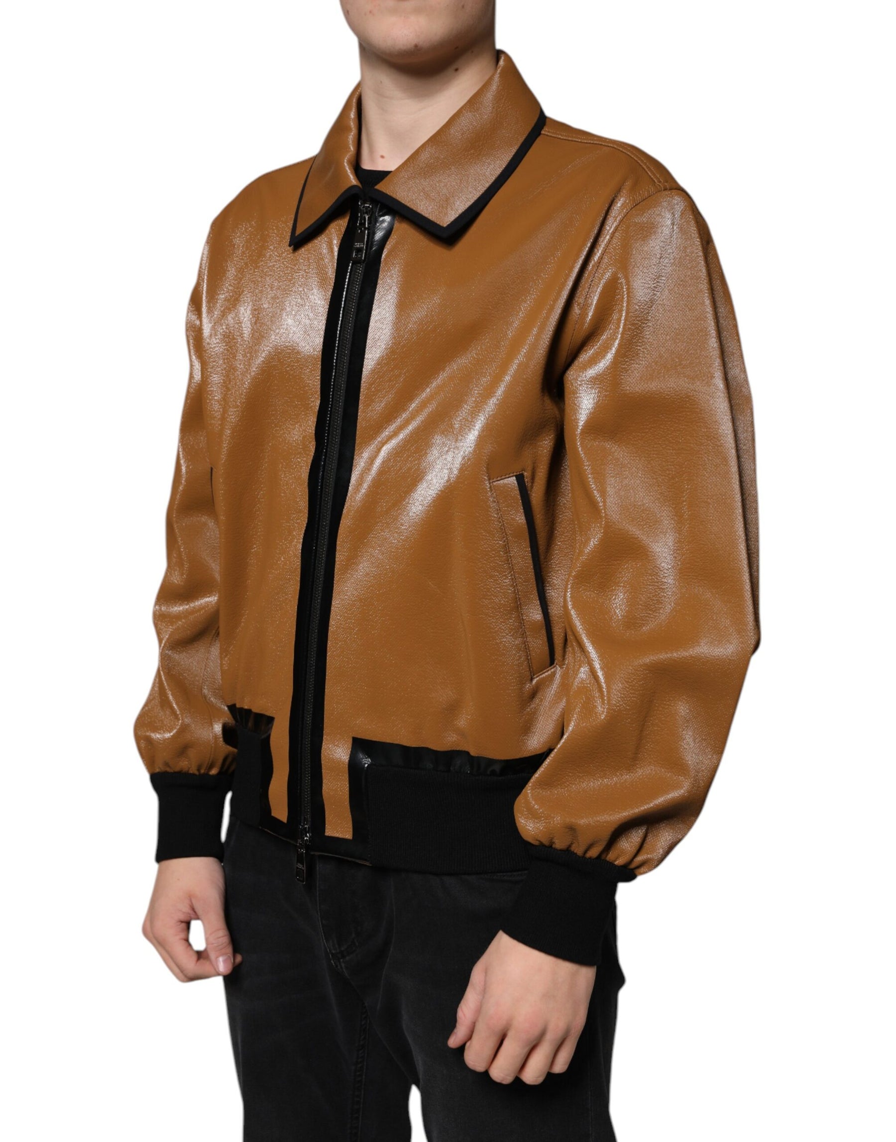 Dolce & Gabbana Brown Leather Full Zip Men Bomber Jacket | Regal Royce