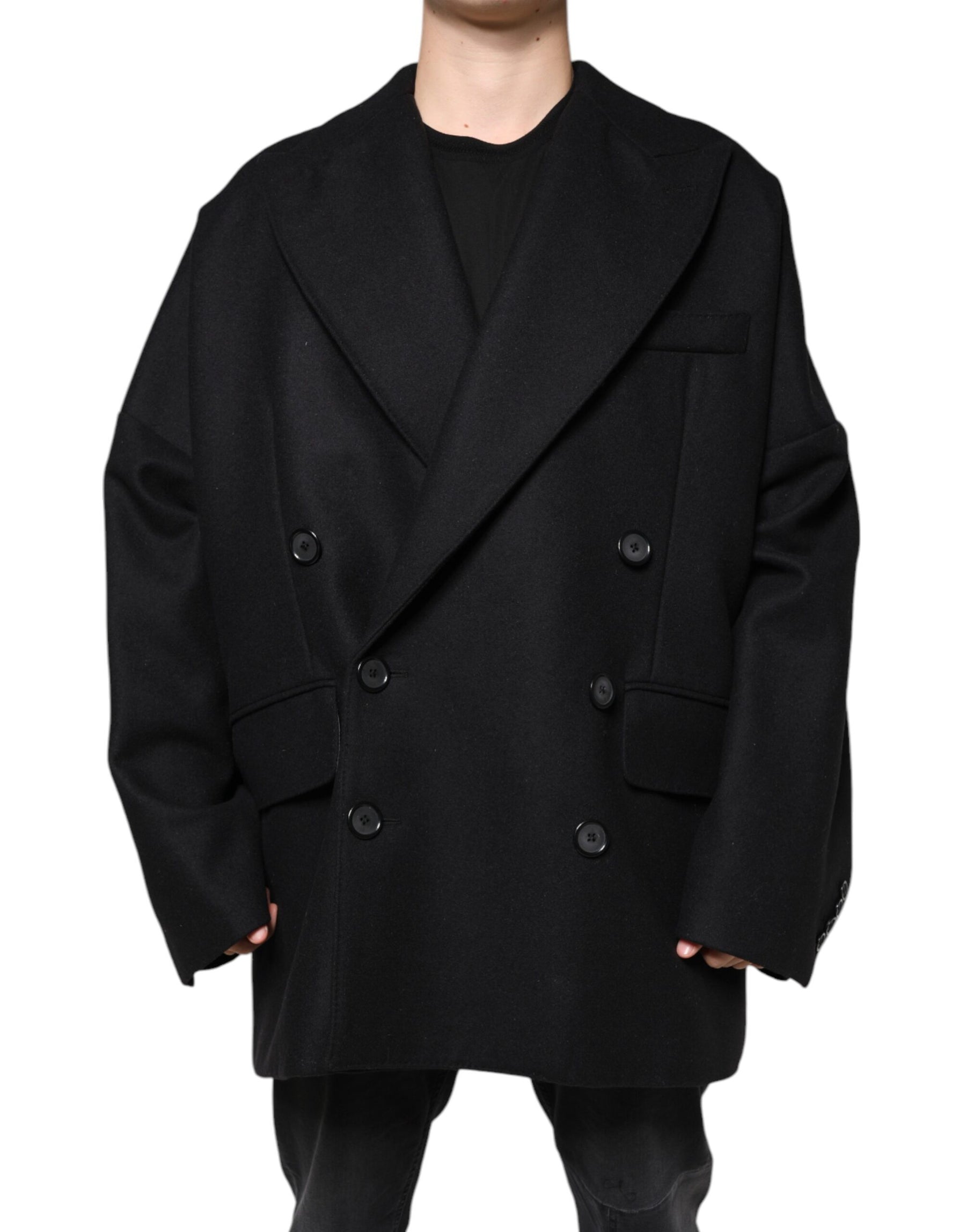 Dolce & Gabbana Black Wool Double Breasted Men Coat Jacket | Regal Royce