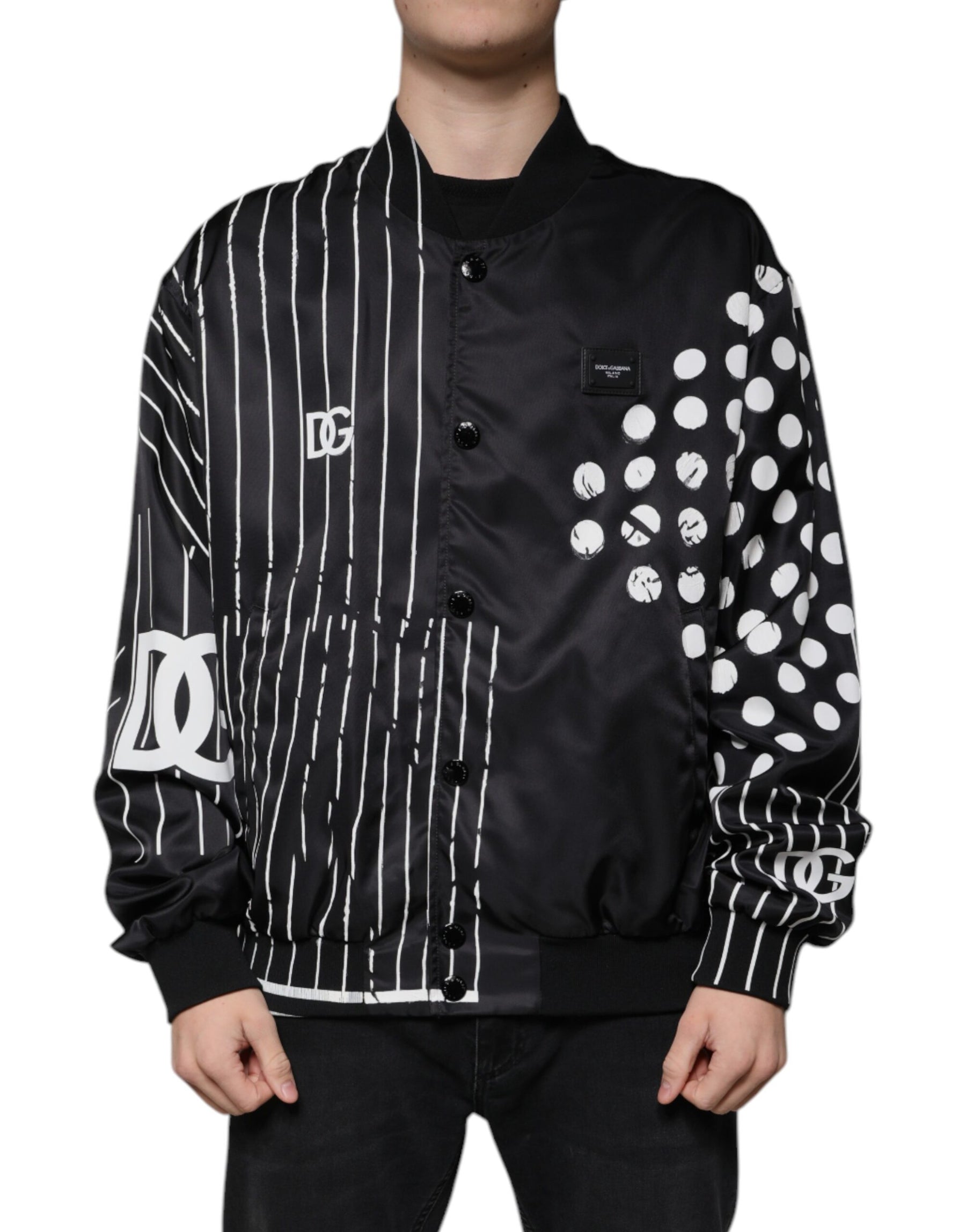 Dolce & Gabbana Black Polka Dot Stripe Nylon Bomber Jacket | Regal Royce