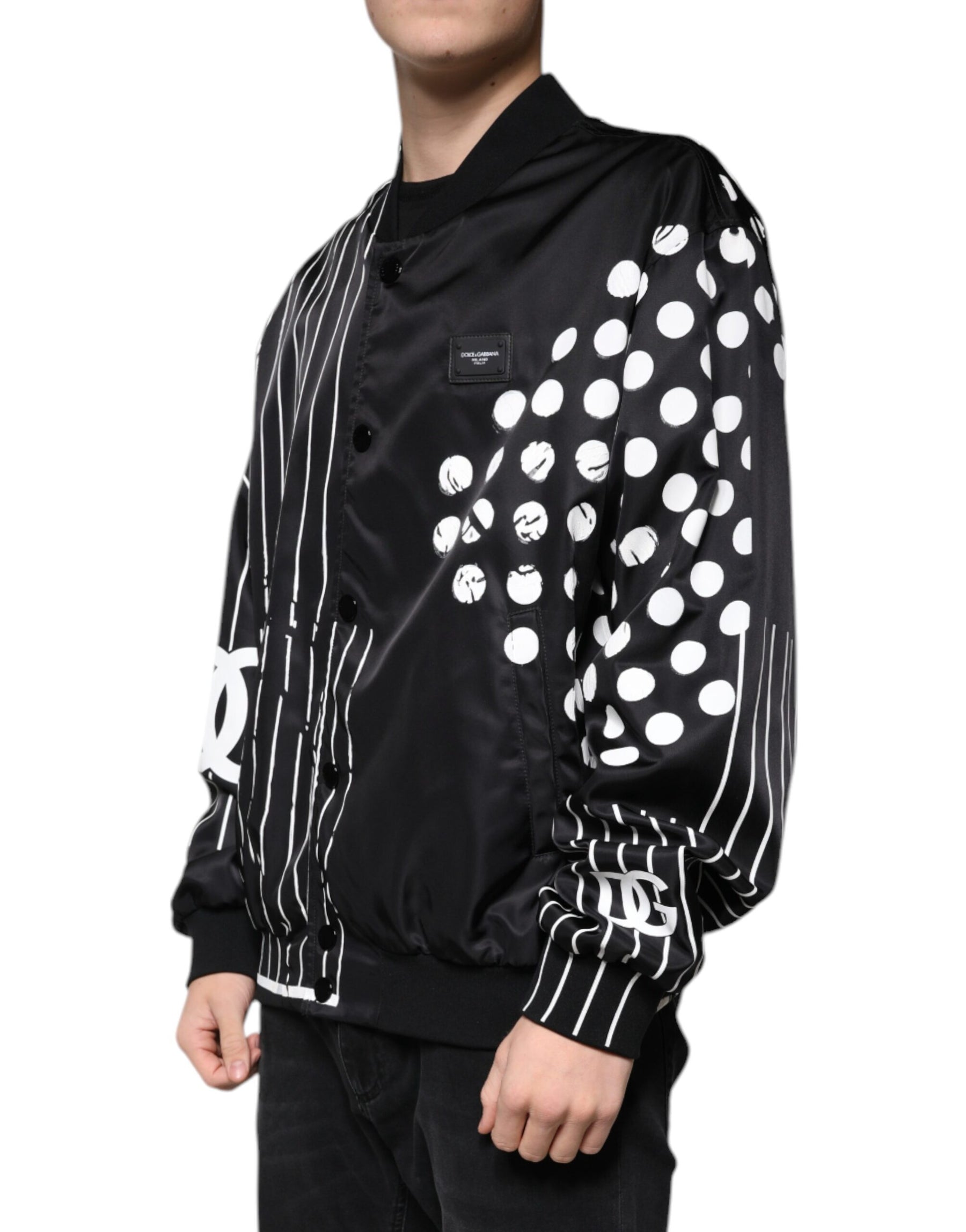 Dolce & Gabbana Black Polka Dot Stripe Nylon Bomber Jacket | Regal Royce