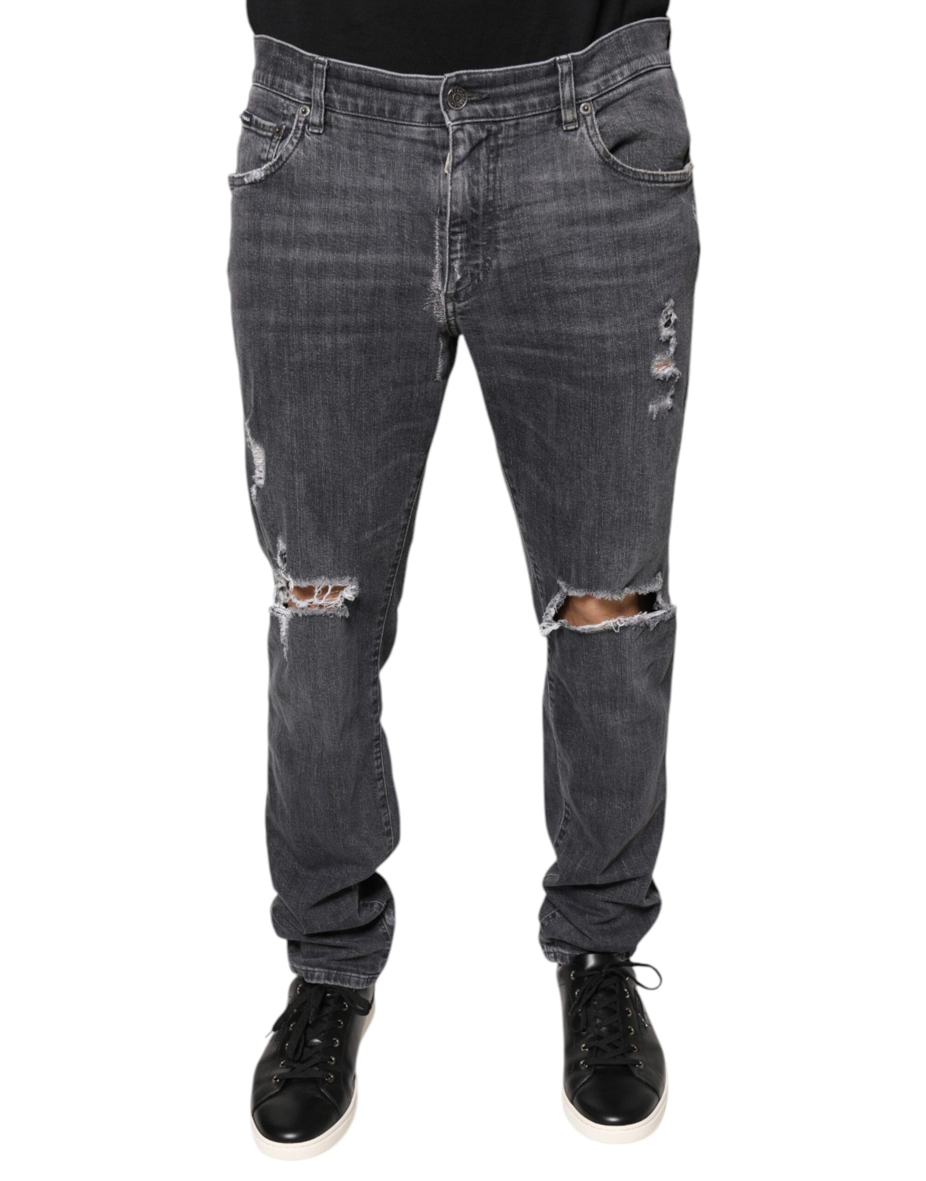 Dolce & Gabbana Dark Gray Tattered Cotton Skinny Denim Jeans | Regal Royce