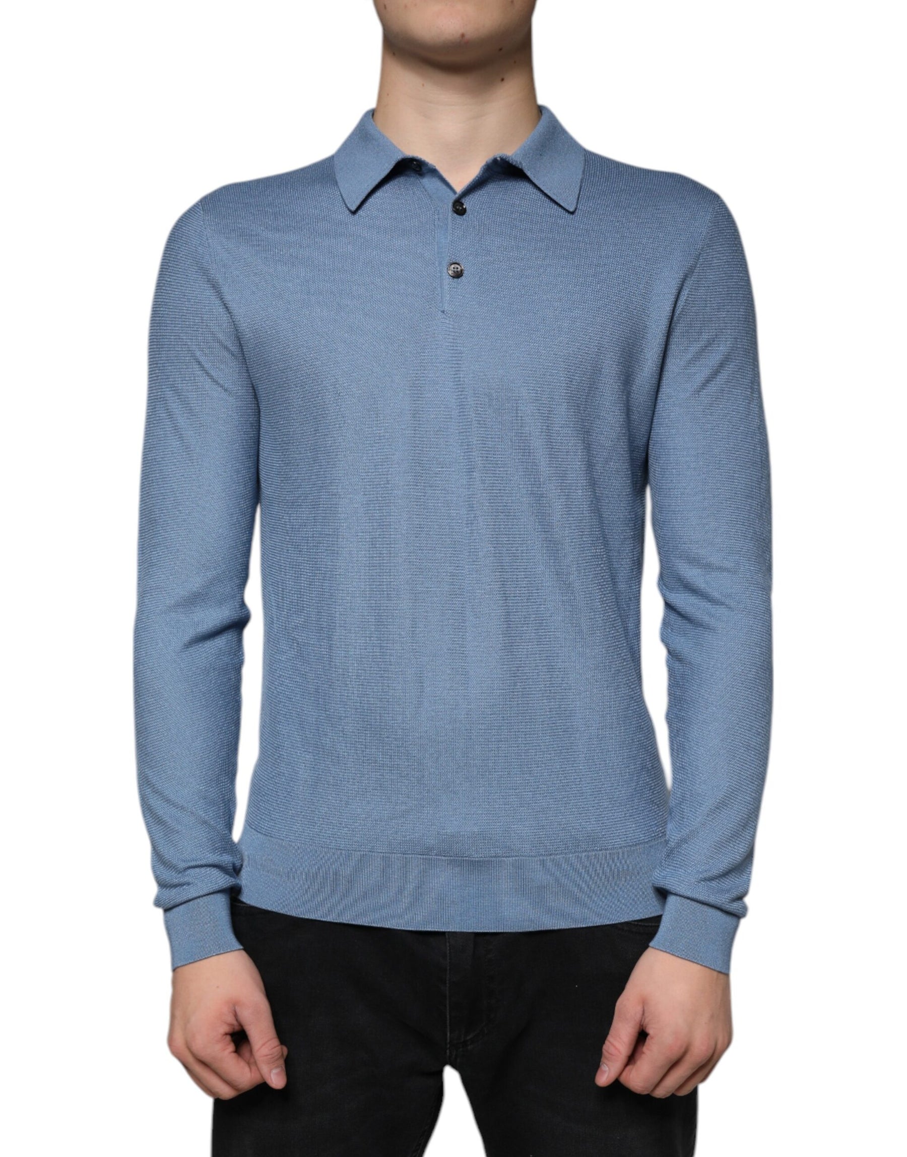 Dolce & Gabbana Sky Blue Silk Collared Men Pullover Sweater | Regal Royce