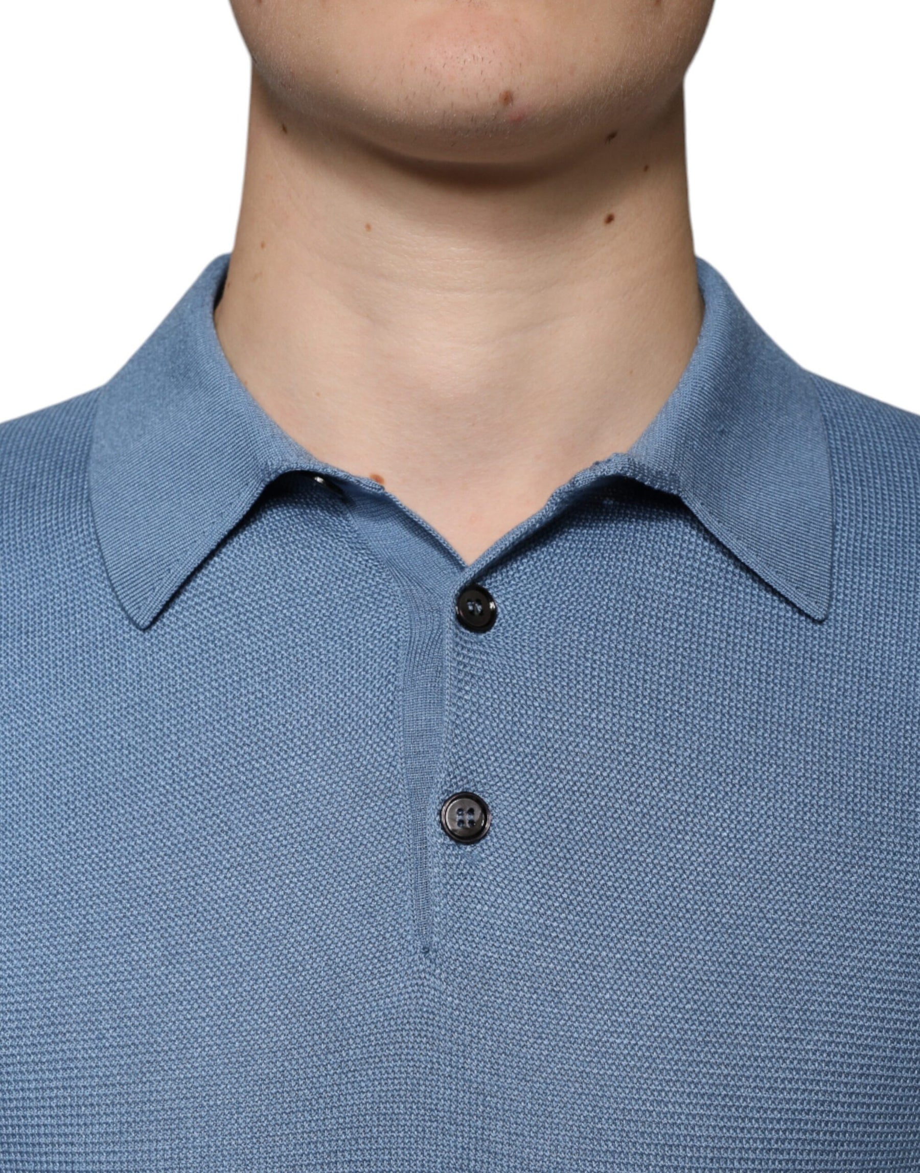 Dolce & Gabbana Sky Blue Silk Collared Men Pullover Sweater | Regal Royce