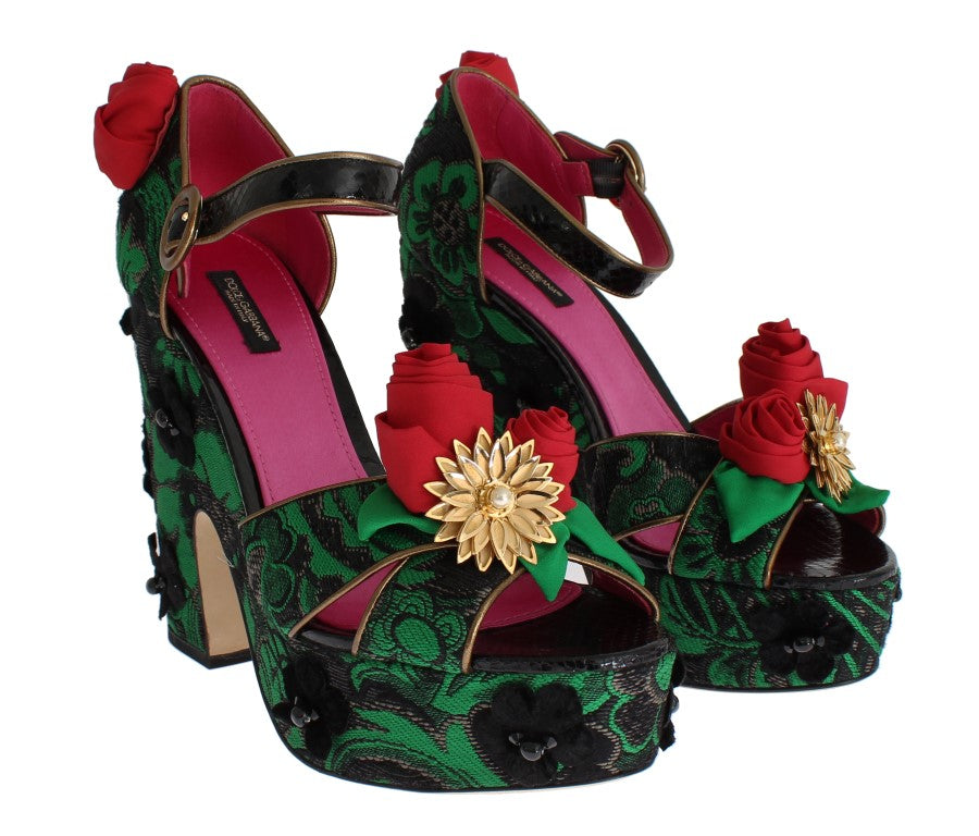Dolce & Gabbana Green Brocade Snakeskin Roses Crystal Shoes | Regal Royce