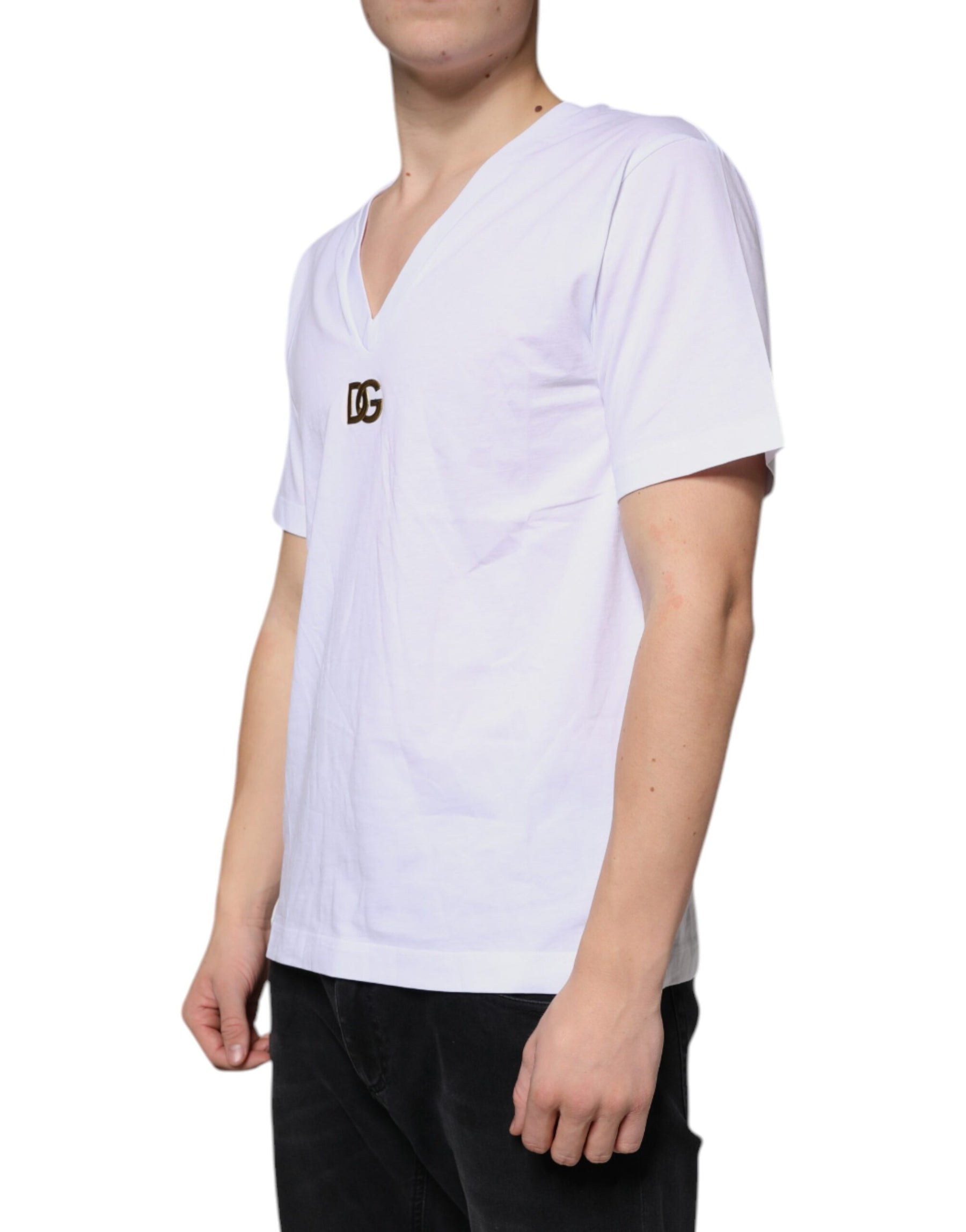 Dolce & Gabbana White Logo Cotton Vneck Short Sleeve T-shirt | Regal Royce