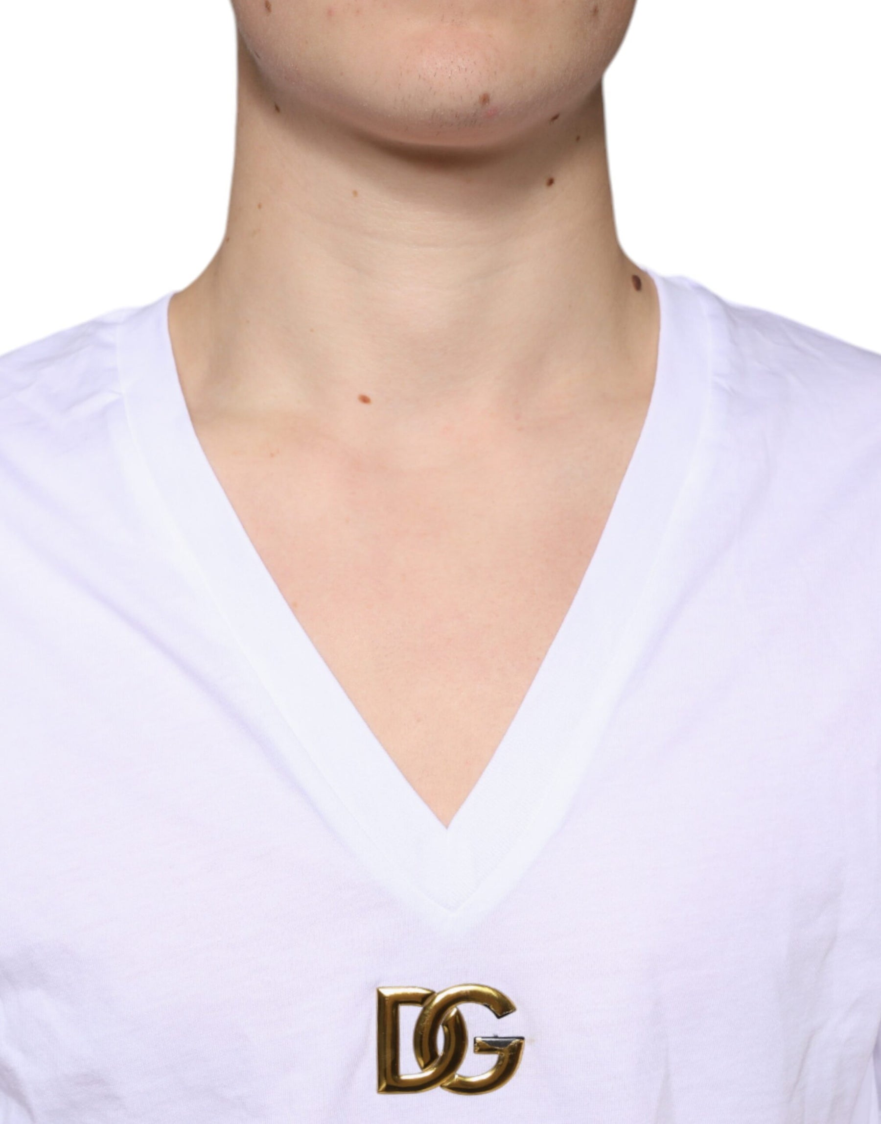 Dolce & Gabbana White Logo Cotton Vneck Short Sleeve T-shirt | Regal Royce