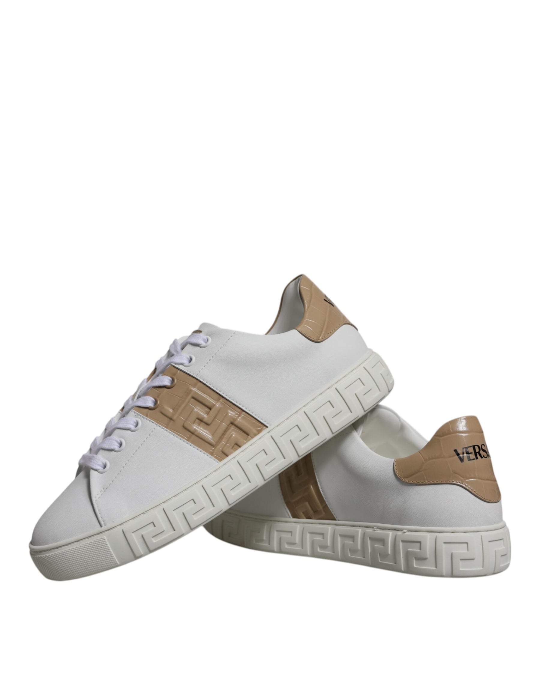 Versace White Brown Greca Print TPU Low Top Men Sneakers Shoes | Regal Royce