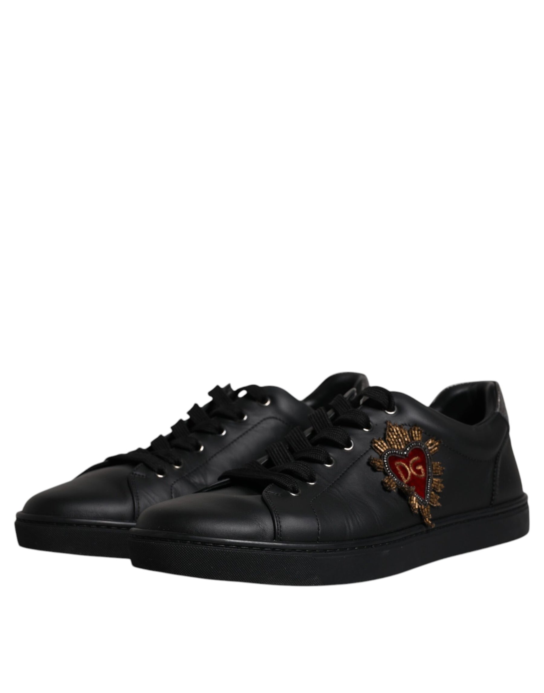 Dolce & Gabbana Black Leather London Heart Men Sneakers Shoes | Regal Royce