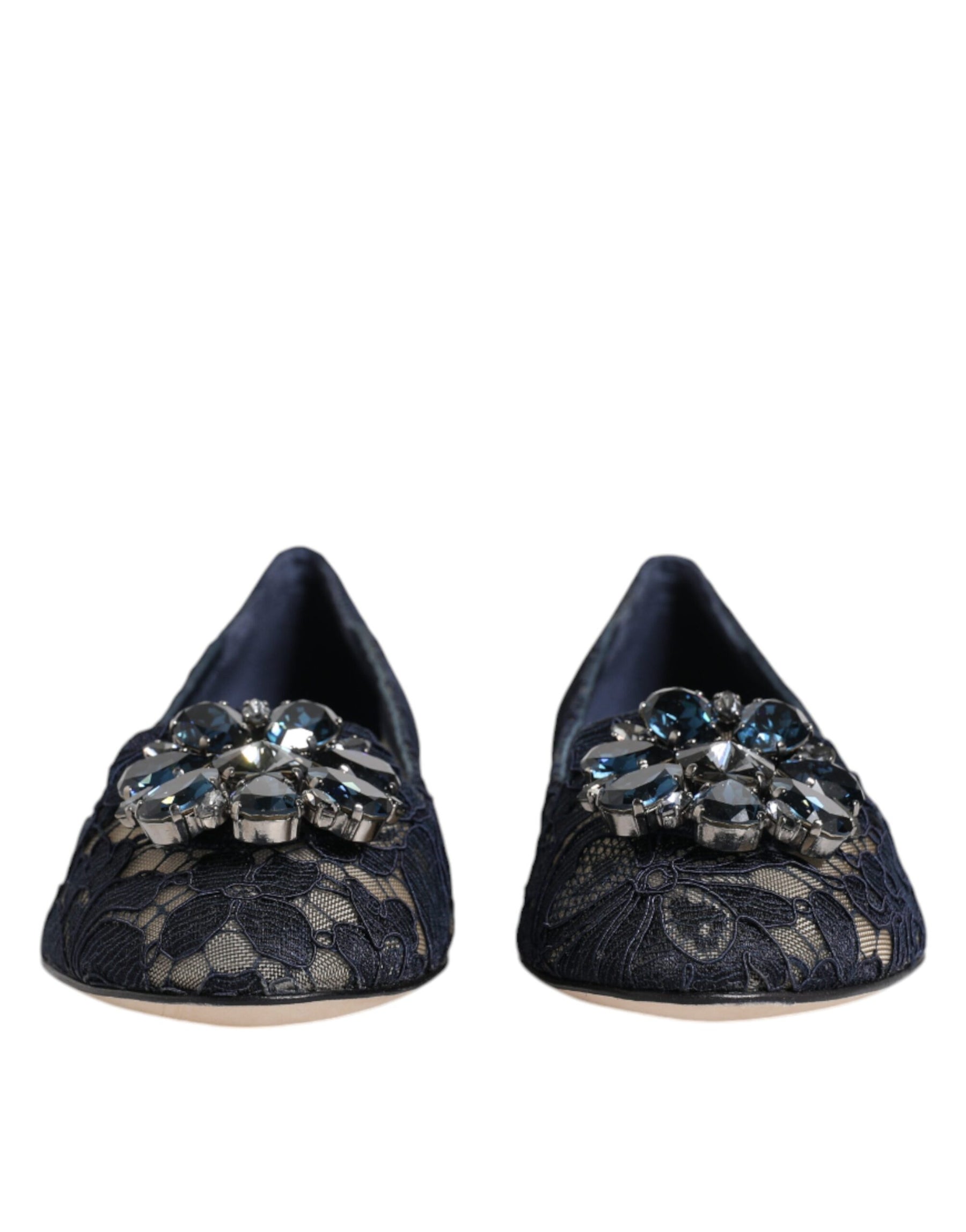 Dolce & Gabbana Blue Taormina Lace Crystals Flats Shoes | Regal Royce