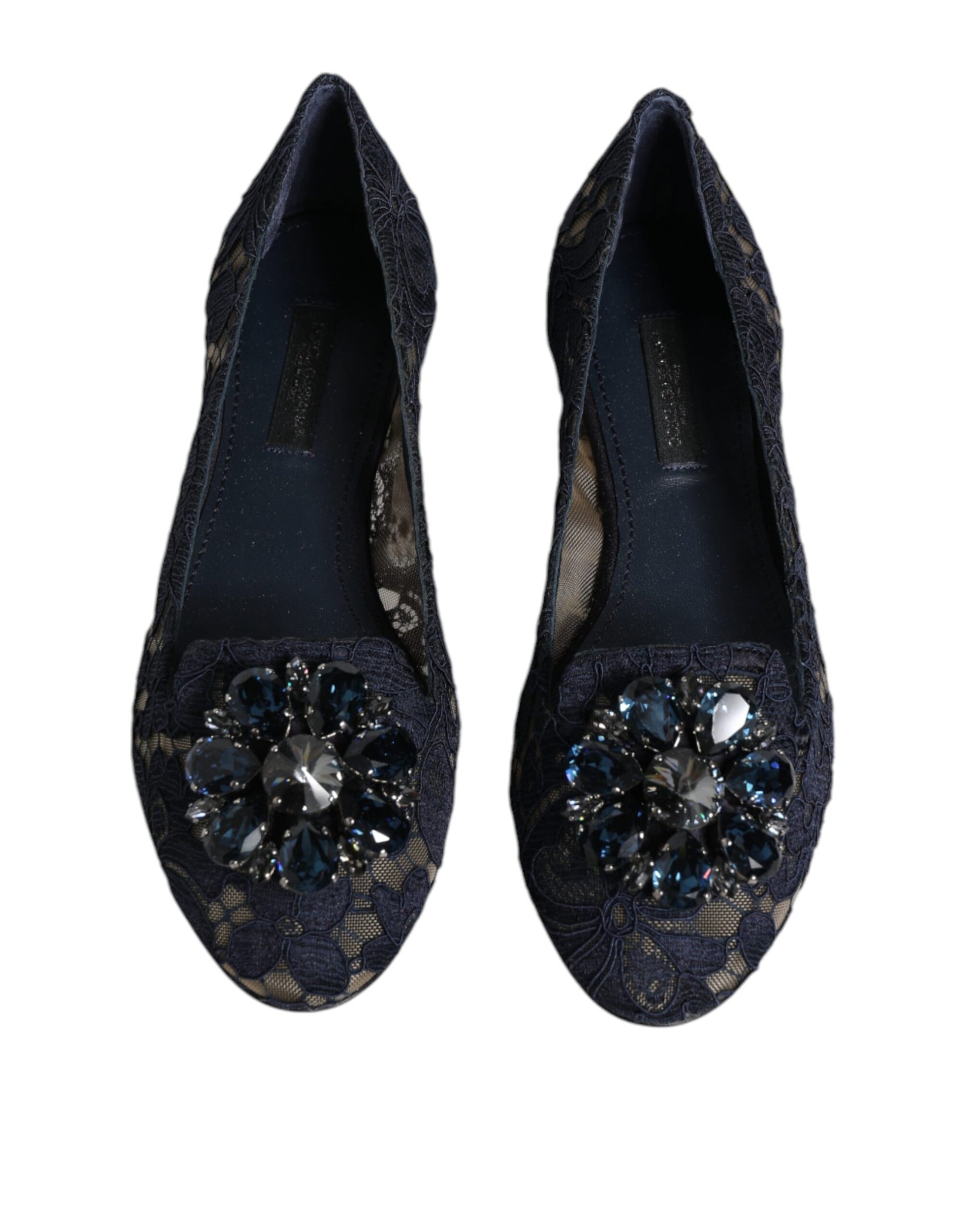 Dolce & Gabbana Blue Taormina Lace Crystals Flats Shoes | Regal Royce