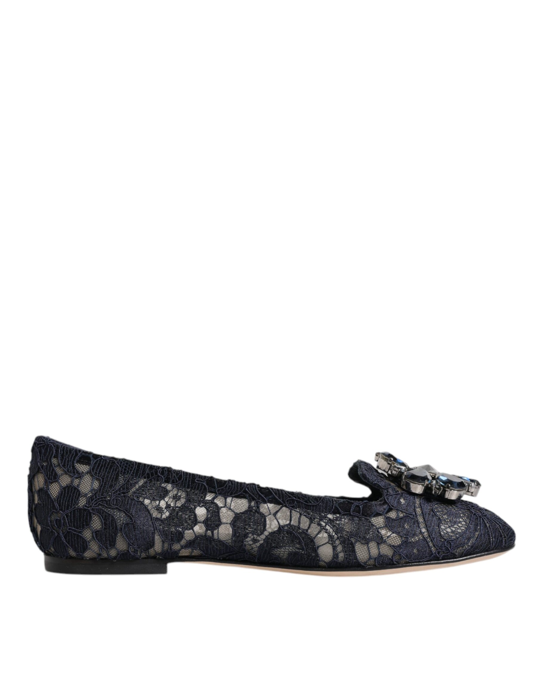 Dolce & Gabbana Blue Taormina Lace Crystals Flats Shoes | Regal Royce