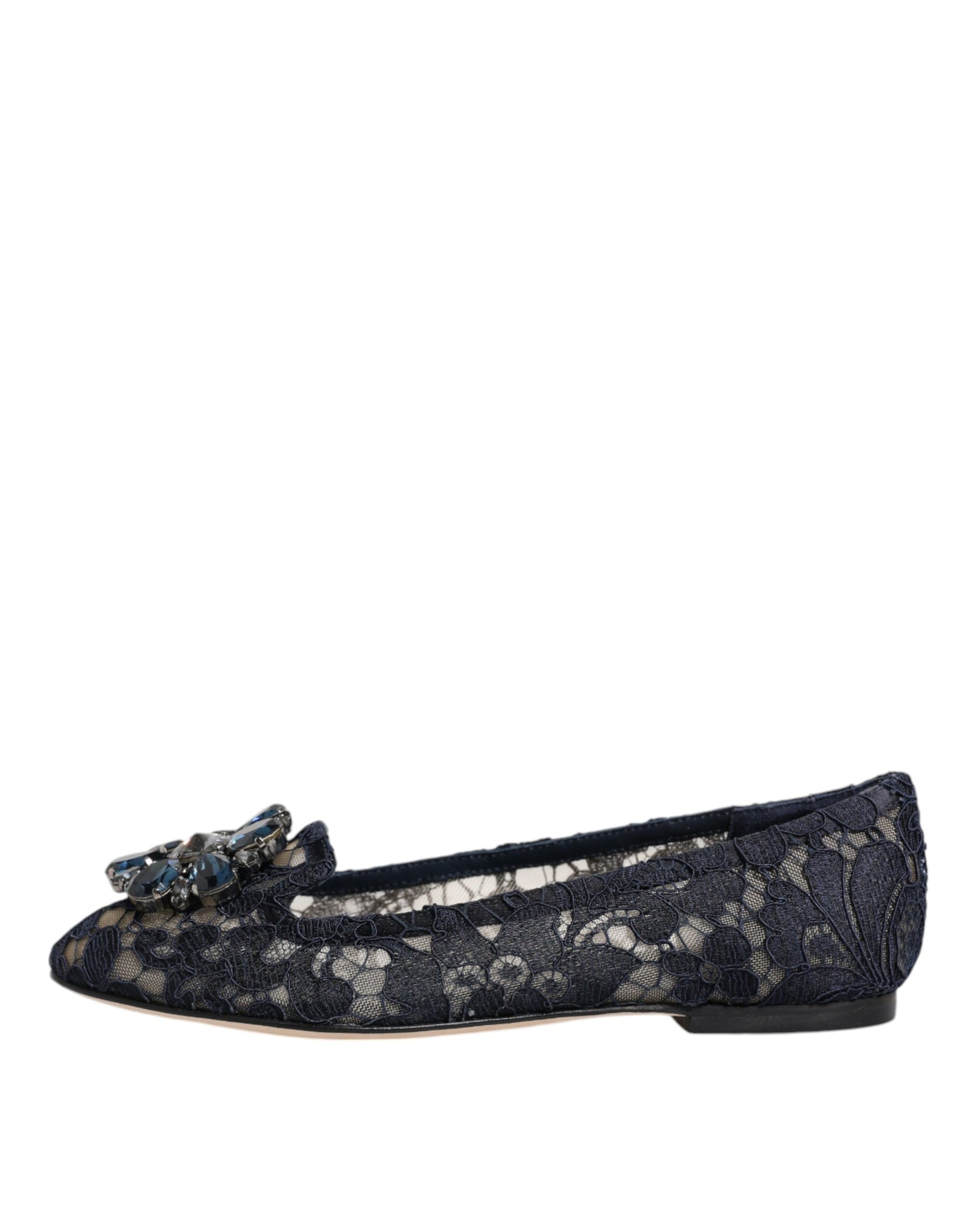 Dolce & Gabbana Blue Taormina Lace Crystals Flats Shoes | Regal Royce