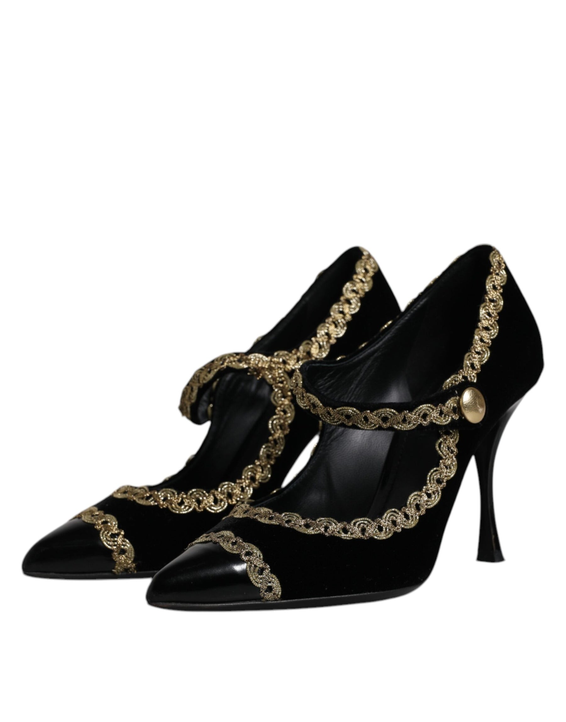 Dolce & Gabbana Black Velvet Gold Mary Janes Pumps Shoes | Regal Royce