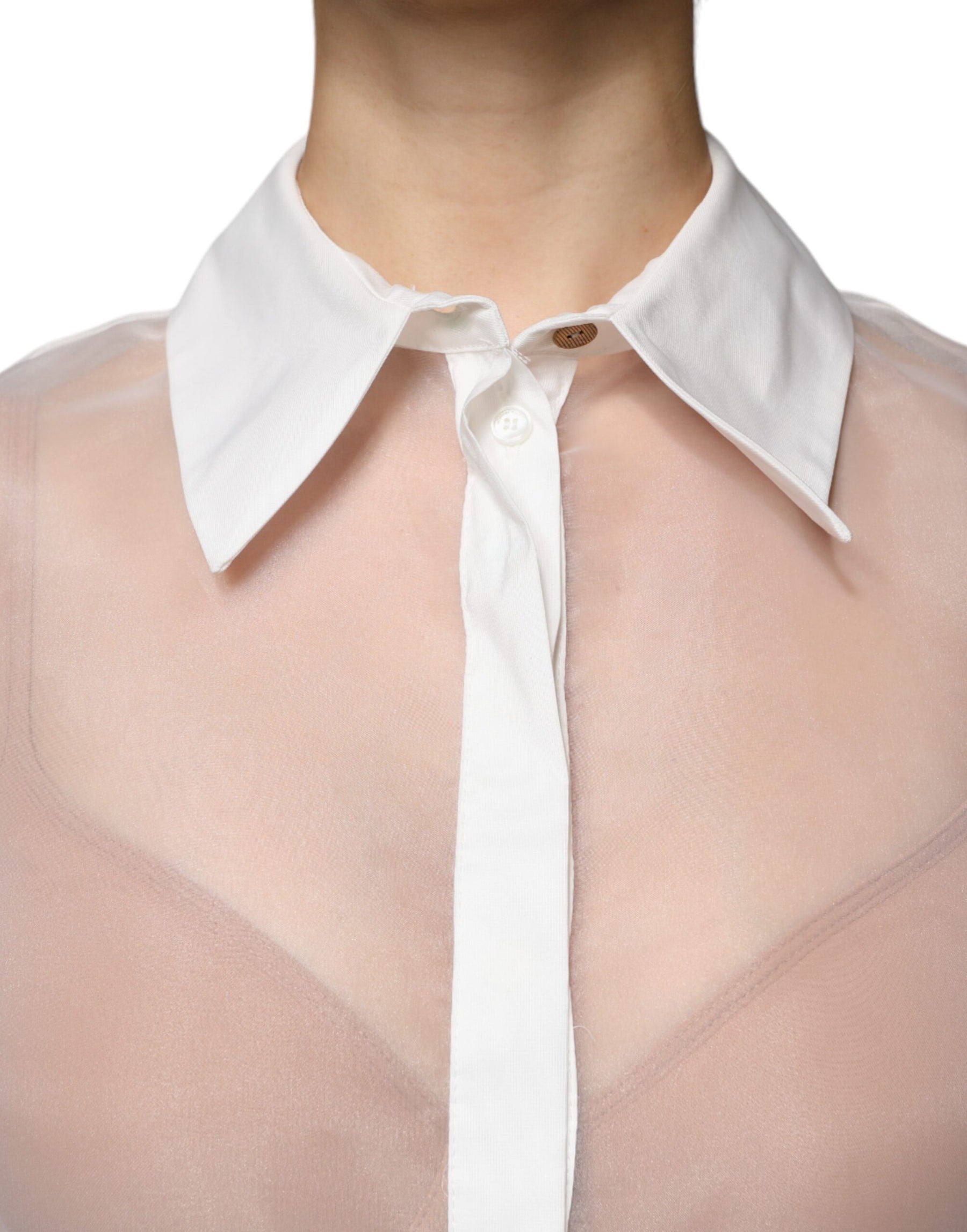Elisabetta Franchi White Sheer Collared Buttoned Long Sleeves Top | Regal Royce