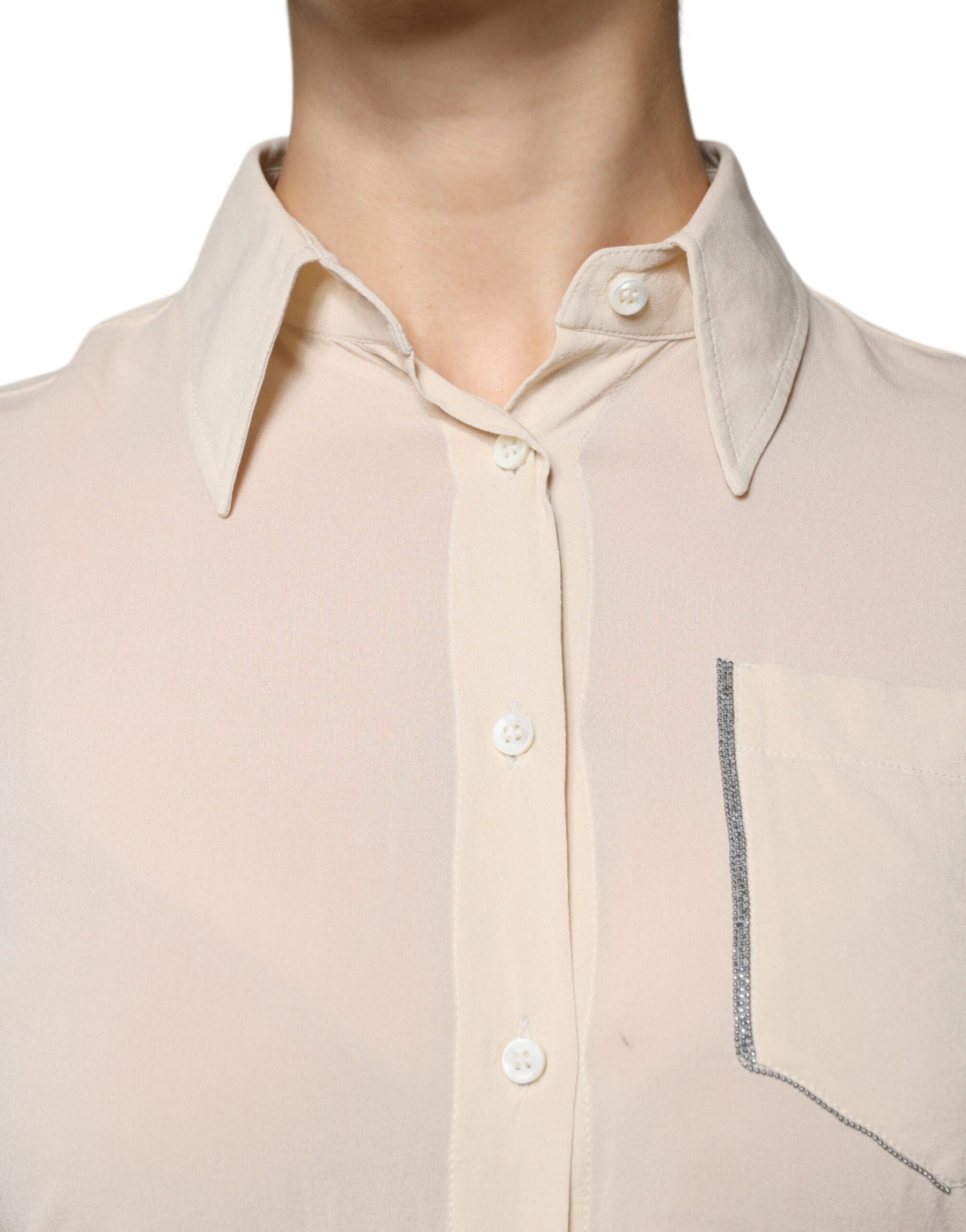 Brunello Cucinelli Beige Silk Blend Collared Button Down Top | Regal Royce