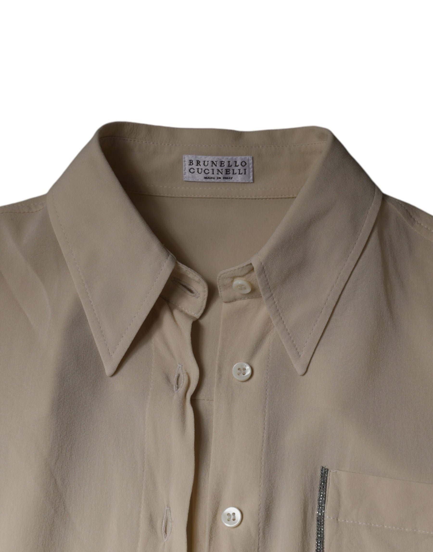 Brunello Cucinelli Beige Silk Blend Collared Button Down Top | Regal Royce