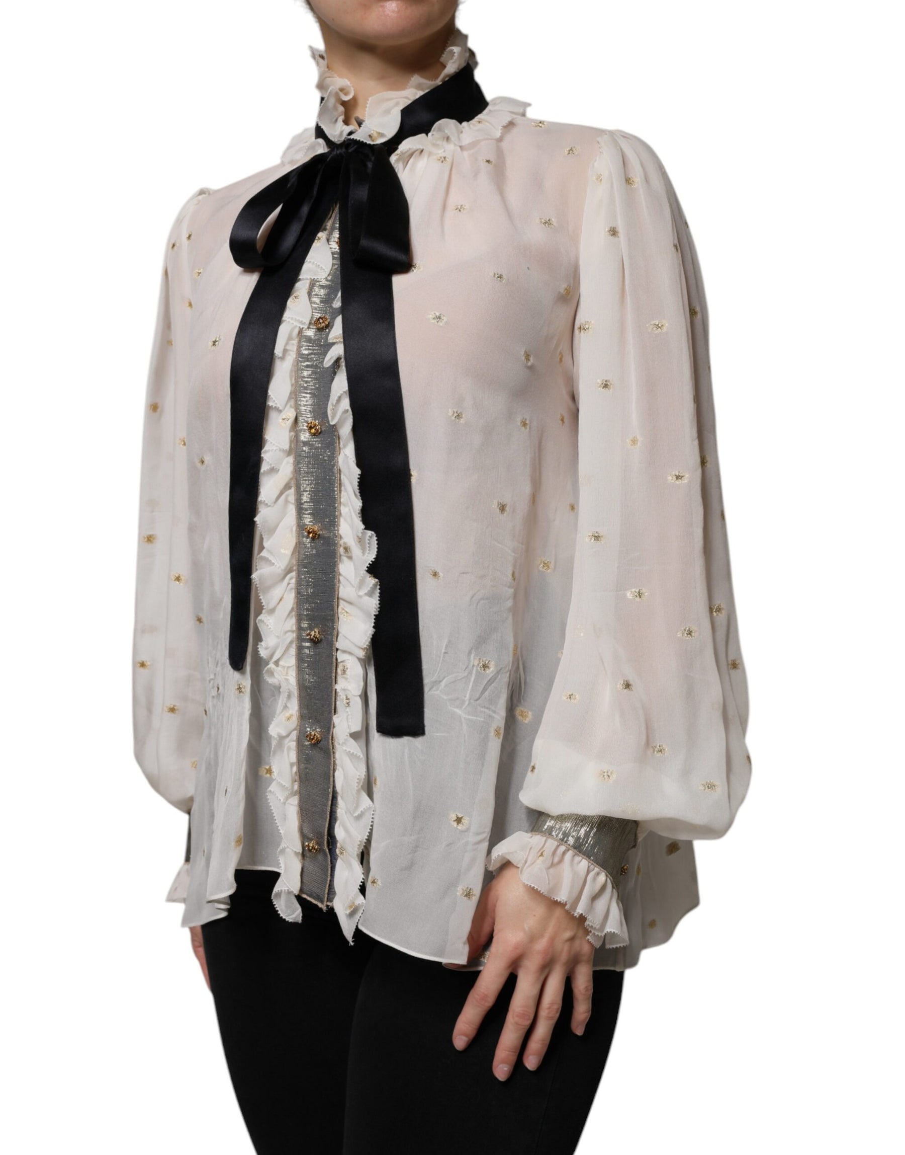Dolce & Gabbana Off White Silk Blend Ascot Collar Blouse Top | Regal Royce