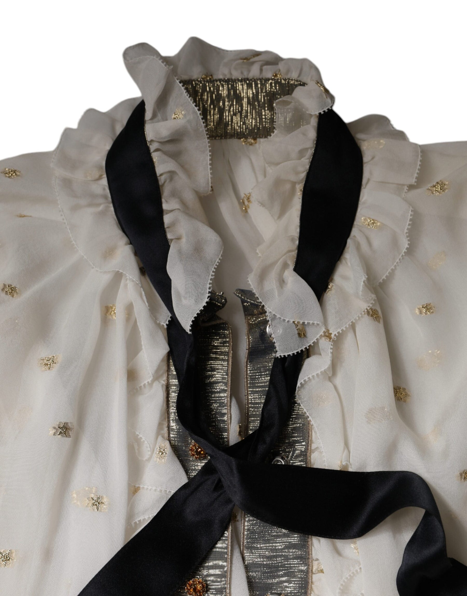 Dolce & Gabbana Off White Silk Blend Ascot Collar Blouse Top | Regal Royce