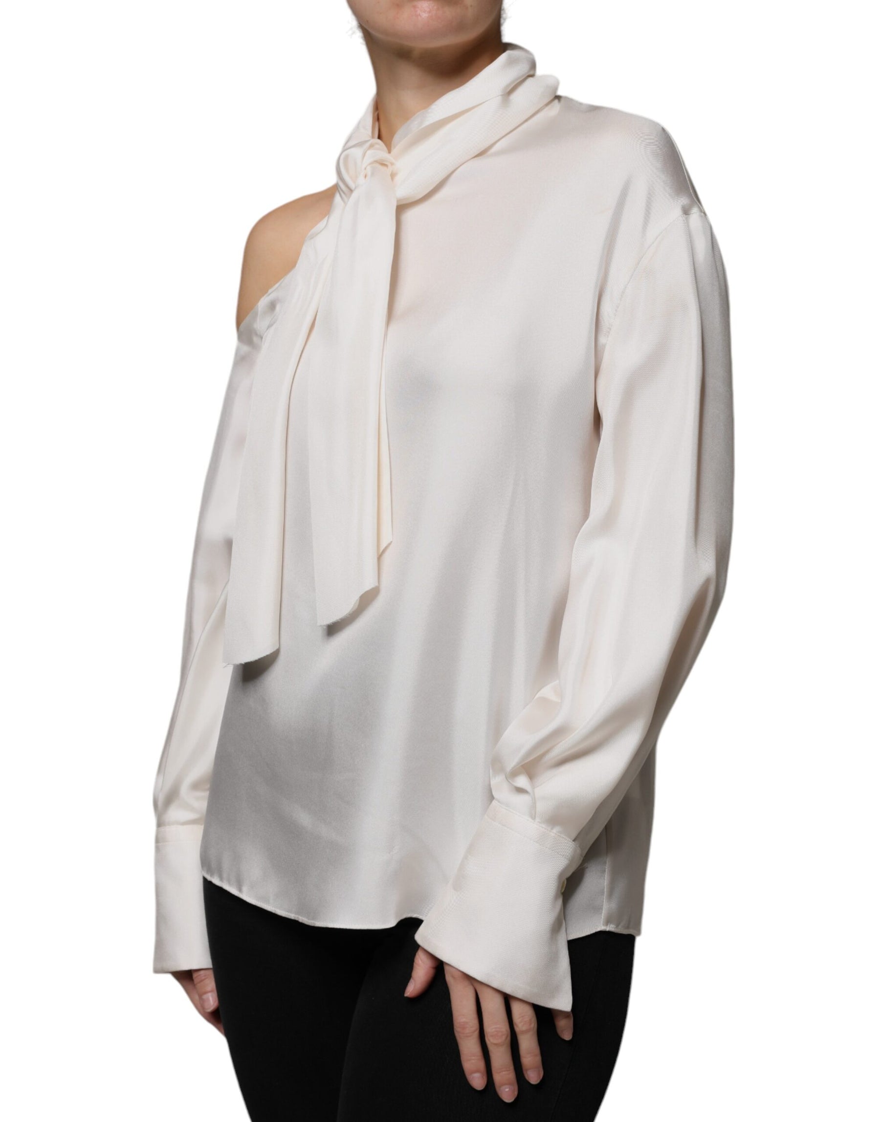 Brunello Cucinelli Beige Silk Ascot Collared Long Sleeves Top | Regal Royce