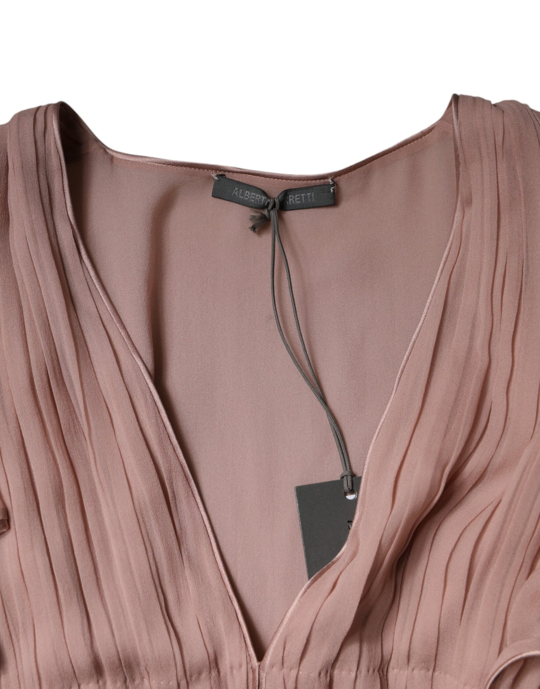Alberta Ferretti Brown Silk Short Sleeves V-neck Pleated Top | Regal Royce