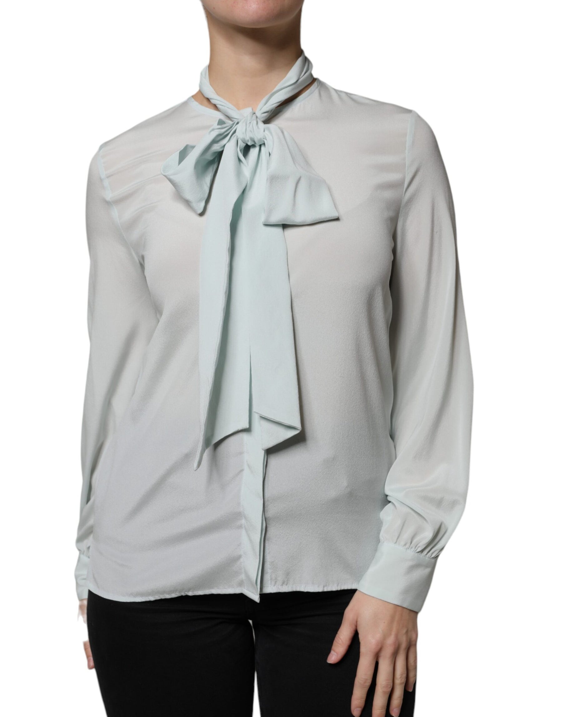Ballantyne Light Blue Silk Ascot Collared Long Sleeves Top | Regal Royce