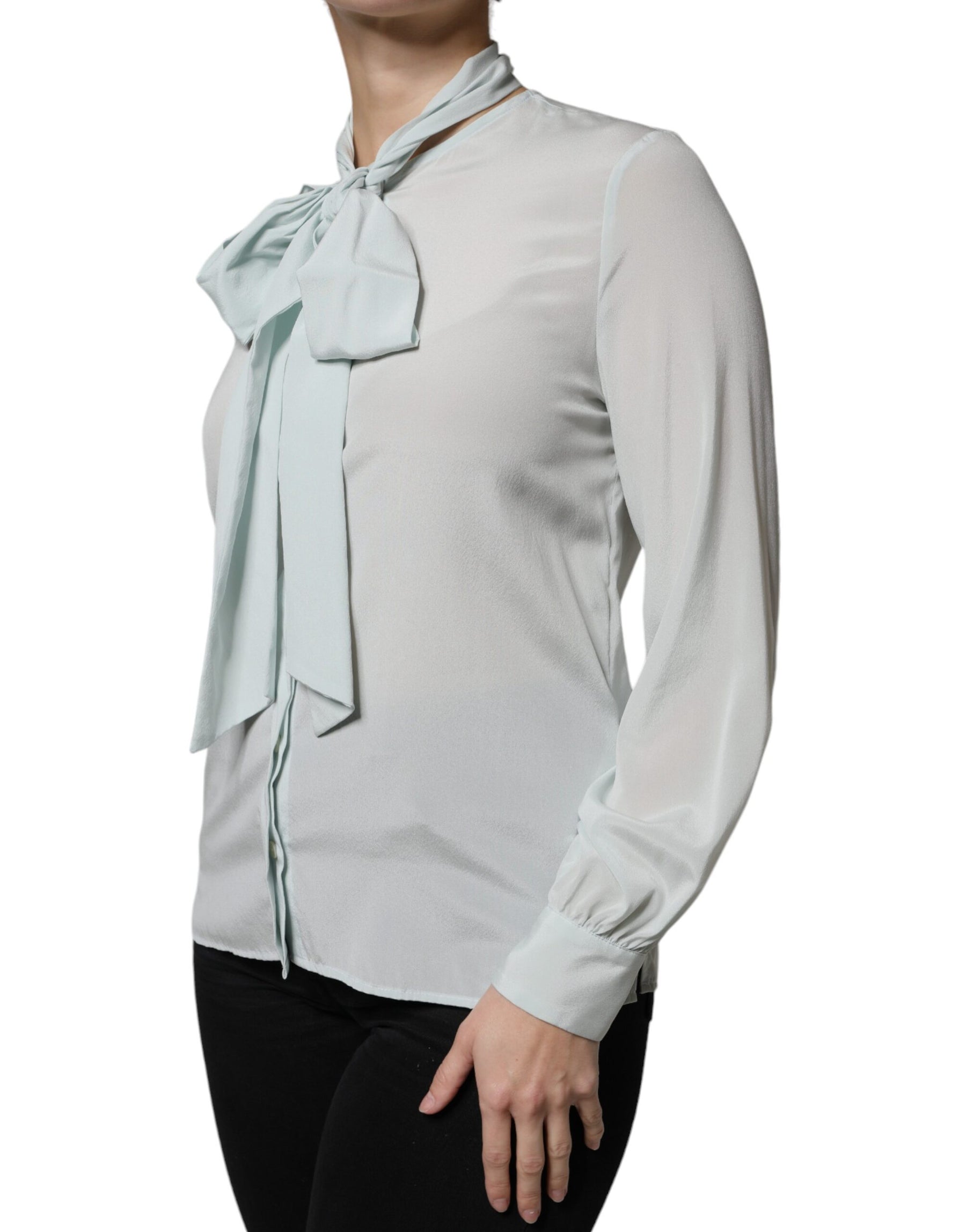 Ballantyne Light Blue Silk Ascot Collared Long Sleeves Top | Regal Royce