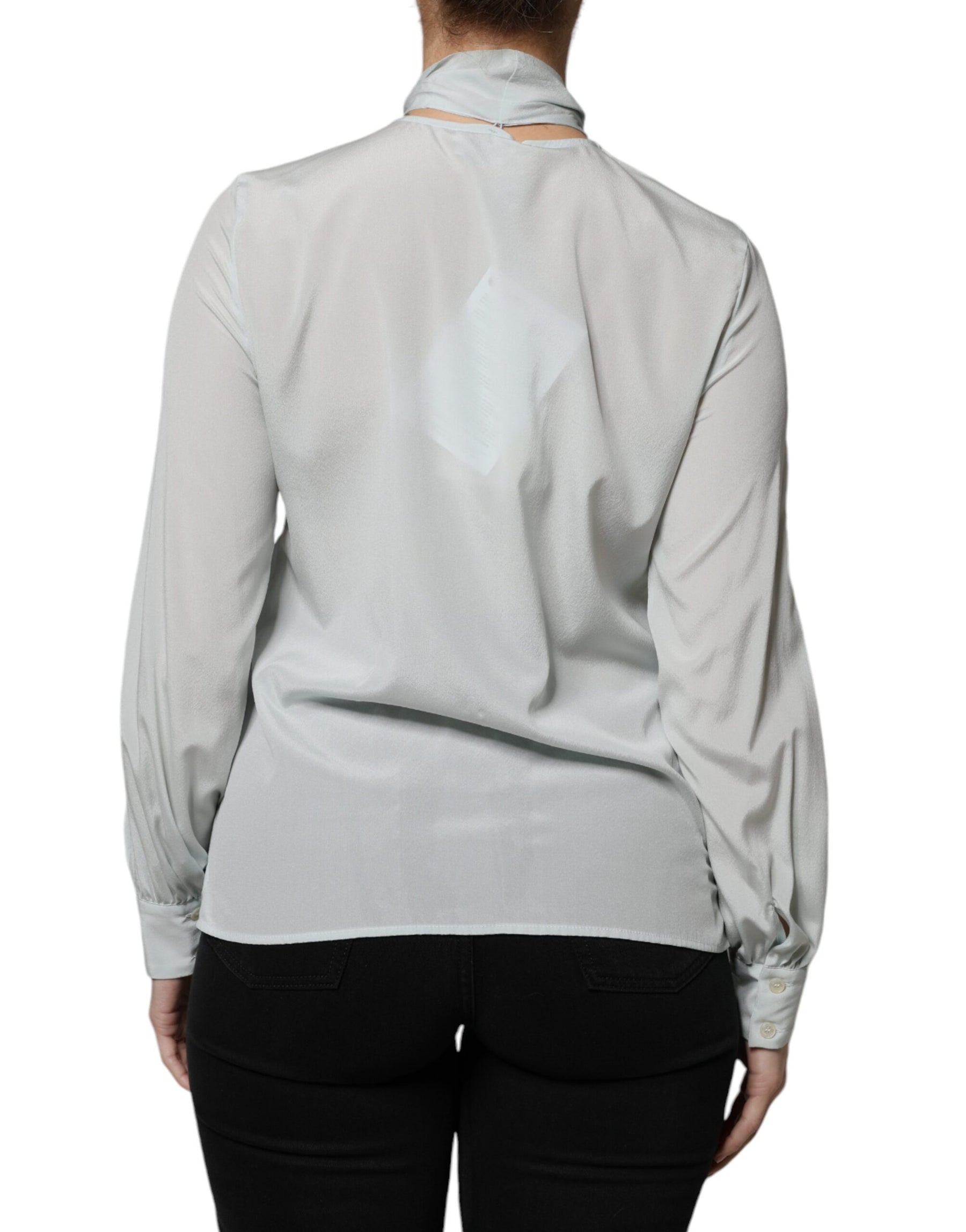 Ballantyne Light Blue Silk Ascot Collared Long Sleeves Top | Regal Royce