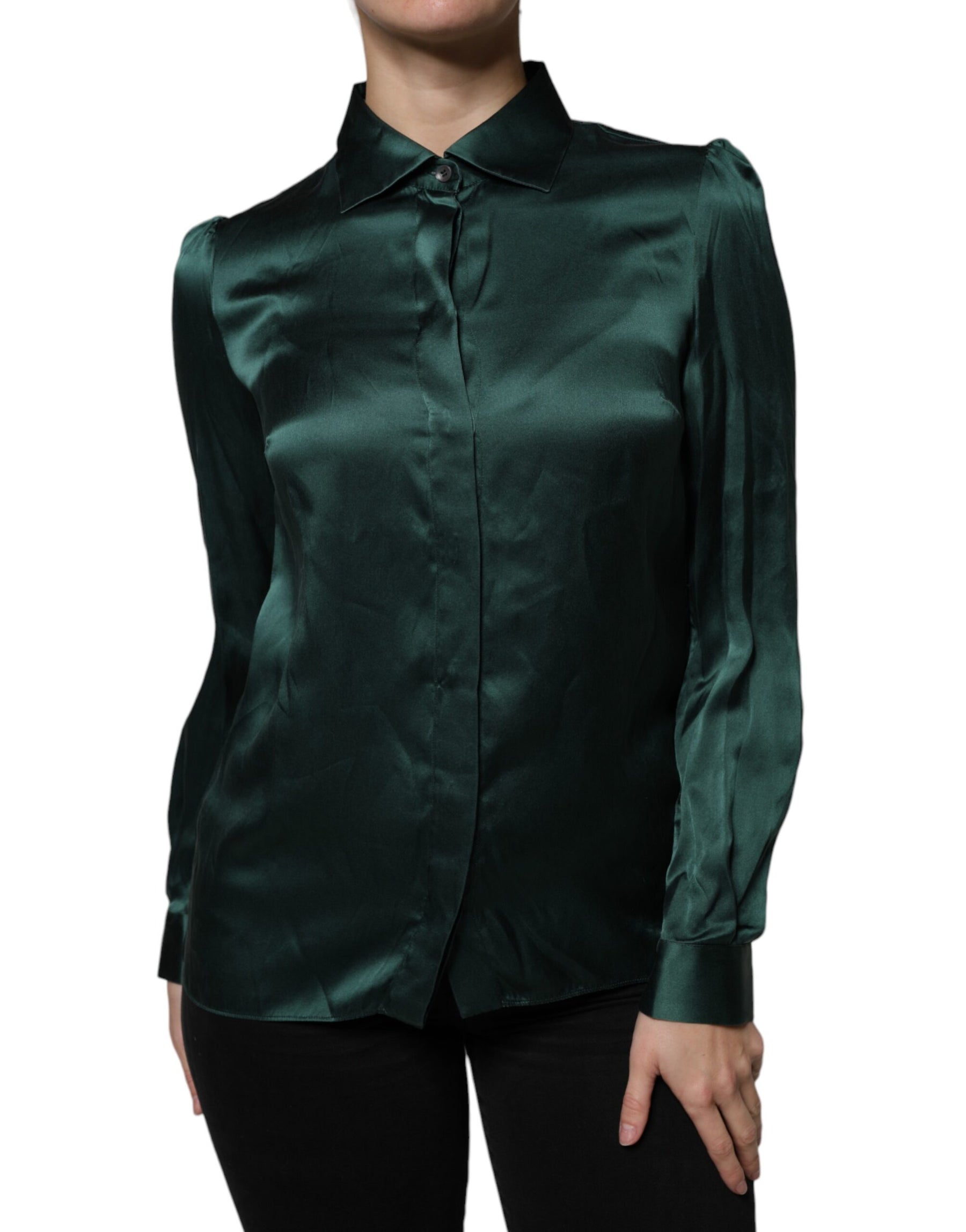 Dolce & Gabbana Dark Green Silk Button Down Long Sleeves Blouse Top | Regal Royce