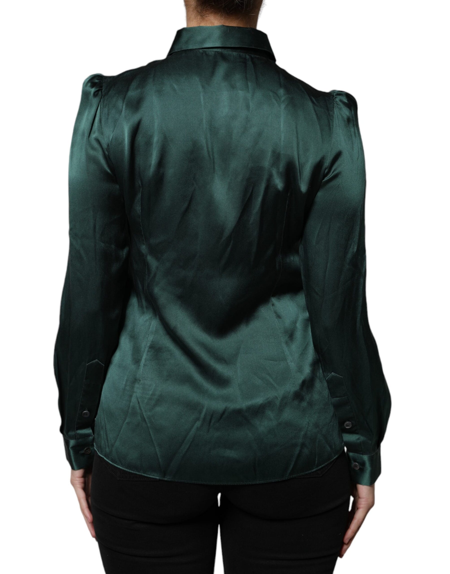 Dolce & Gabbana Dark Green Silk Button Down Long Sleeves Blouse Top | Regal Royce