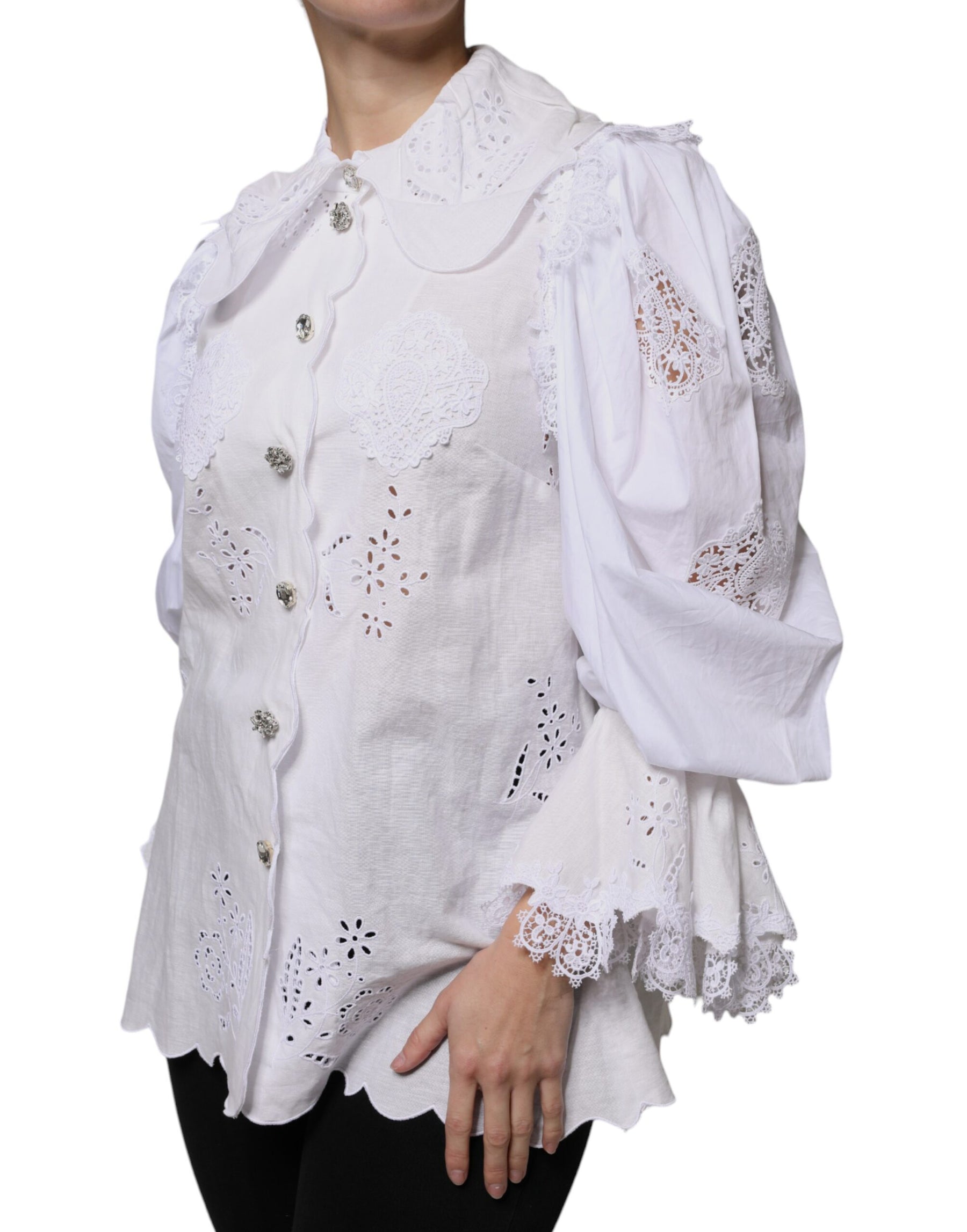 Dolce & Gabbana White Cotton Lace Trim Collared Blouse Top | Regal Royce