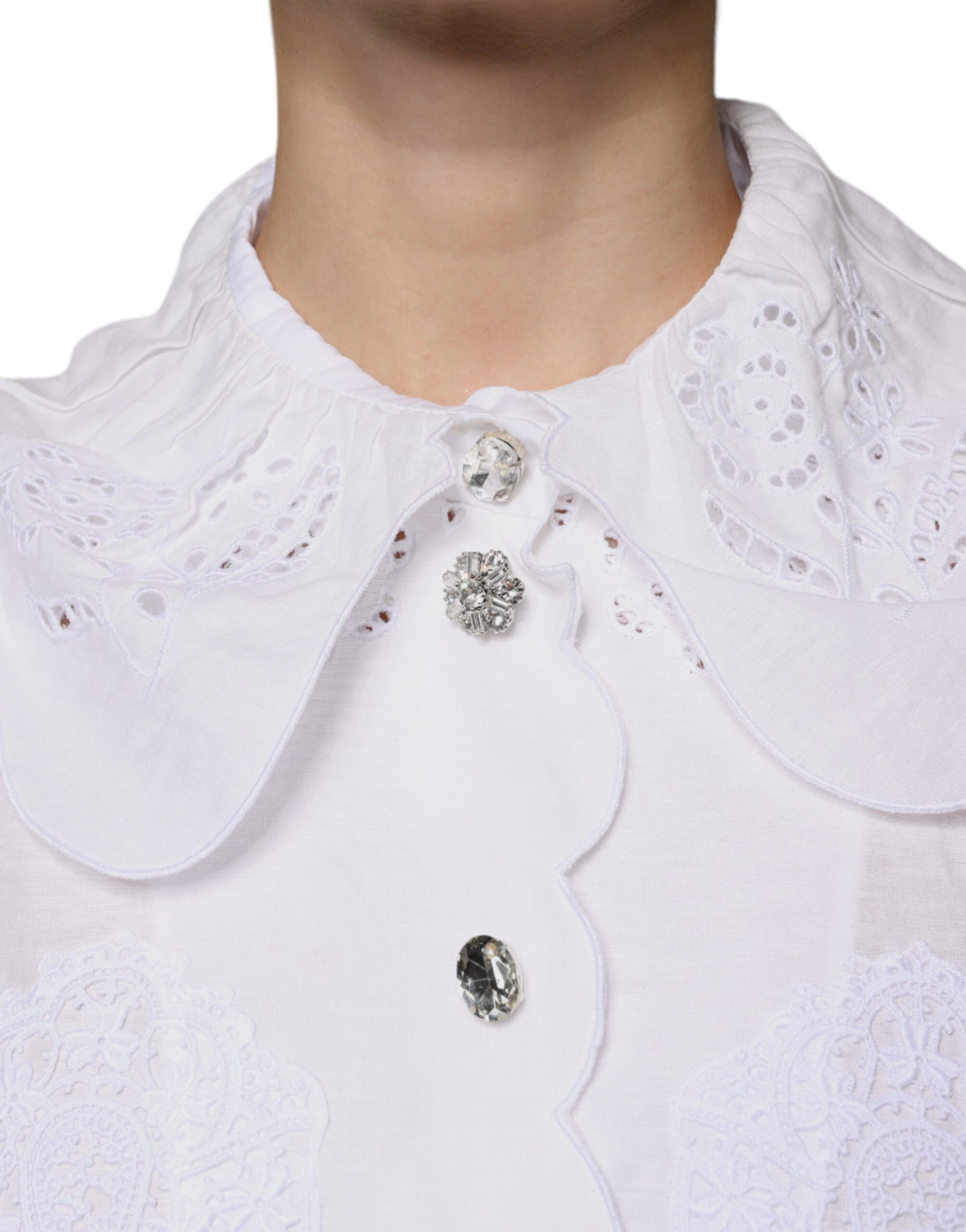 Dolce & Gabbana White Cotton Lace Trim Collared Blouse Top | Regal Royce
