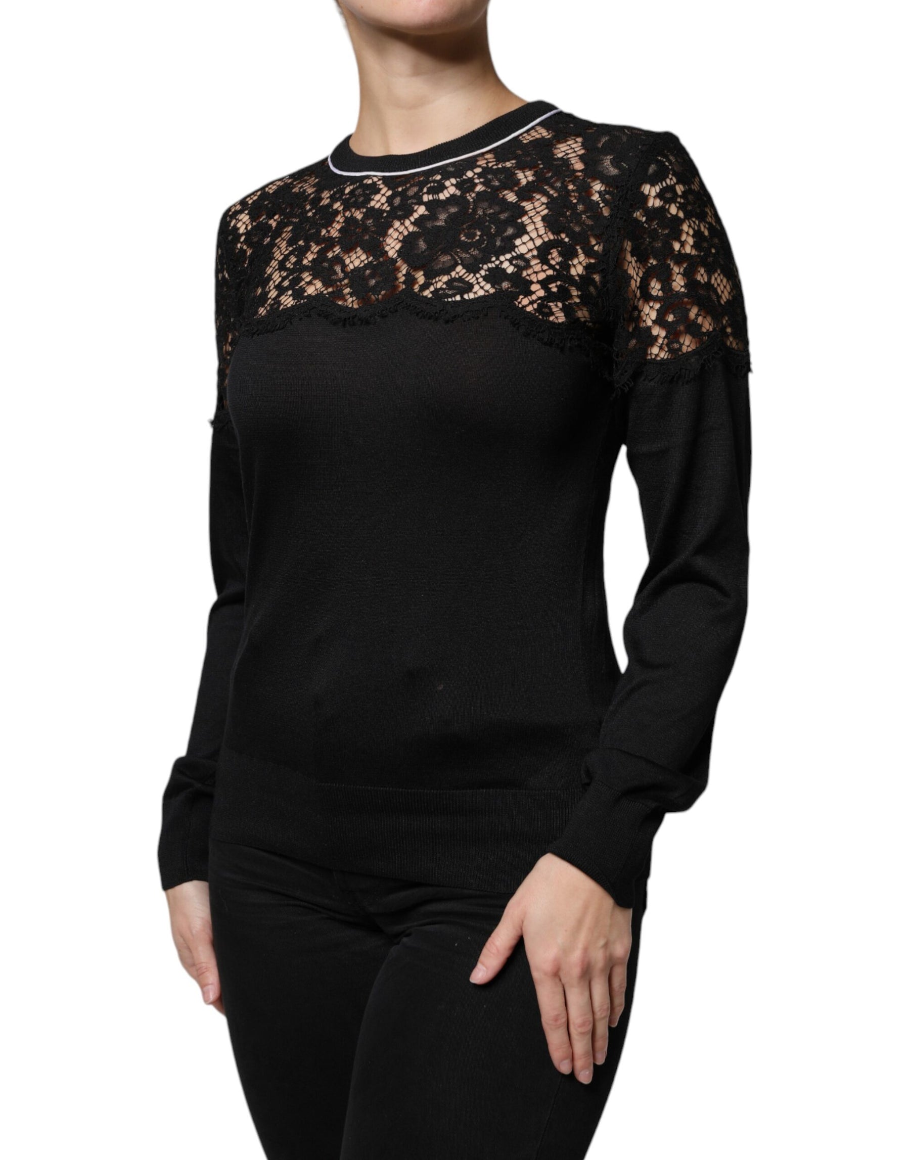 Dolce & Gabbana Black Floral Lace Silk Pullover Blouse Top | Regal Royce