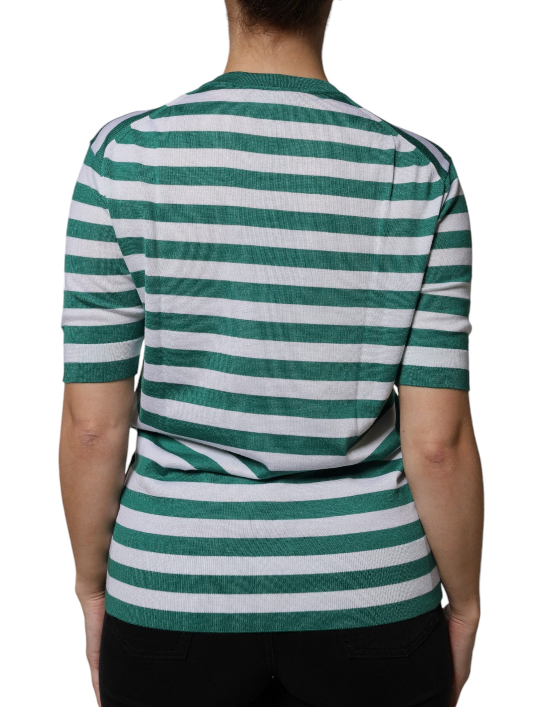 Dolce & Gabbana White Green Stripe Leaf Crew Neck T-shirt | Regal Royce