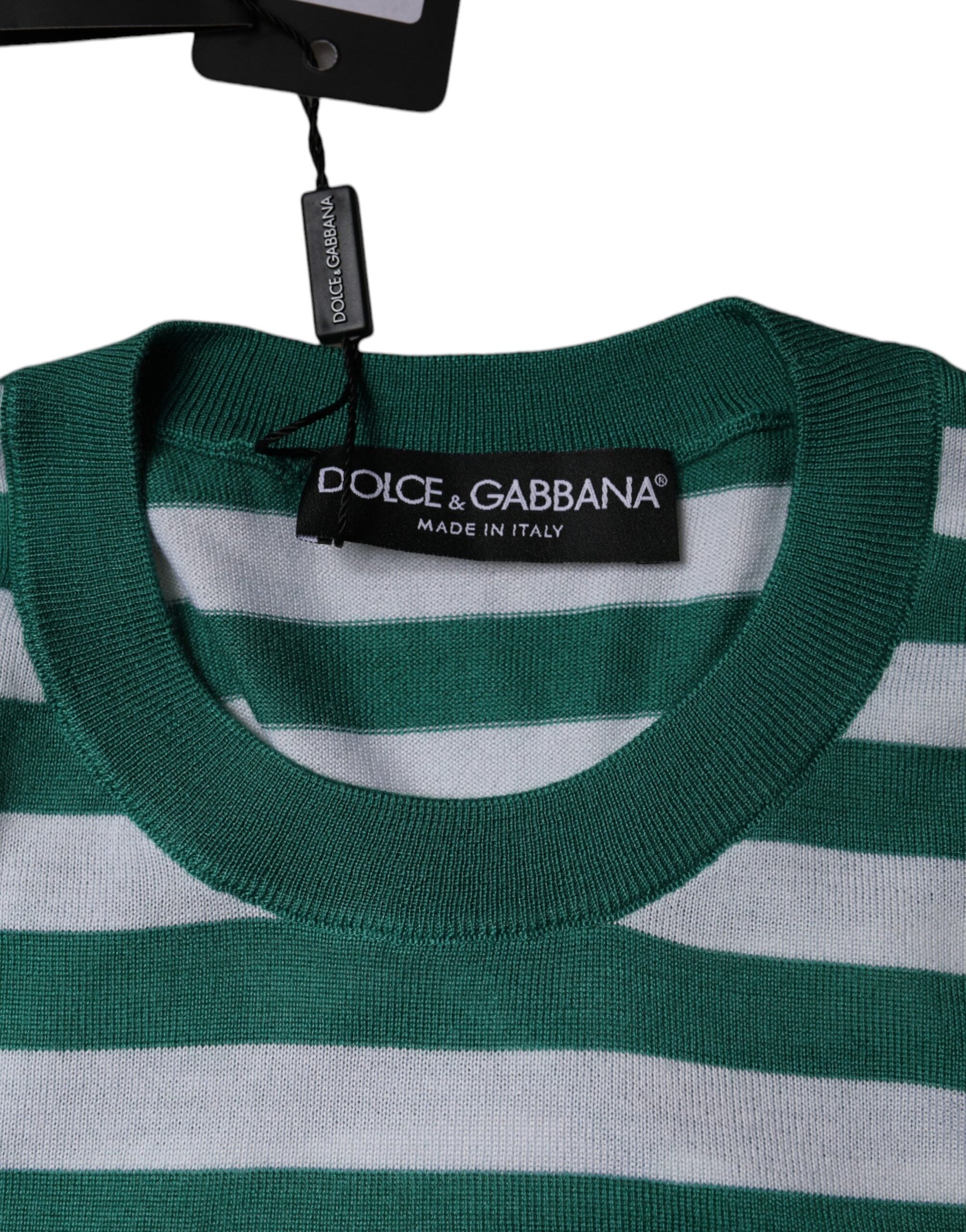 Dolce & Gabbana White Green Stripe Leaf Crew Neck T-shirt | Regal Royce