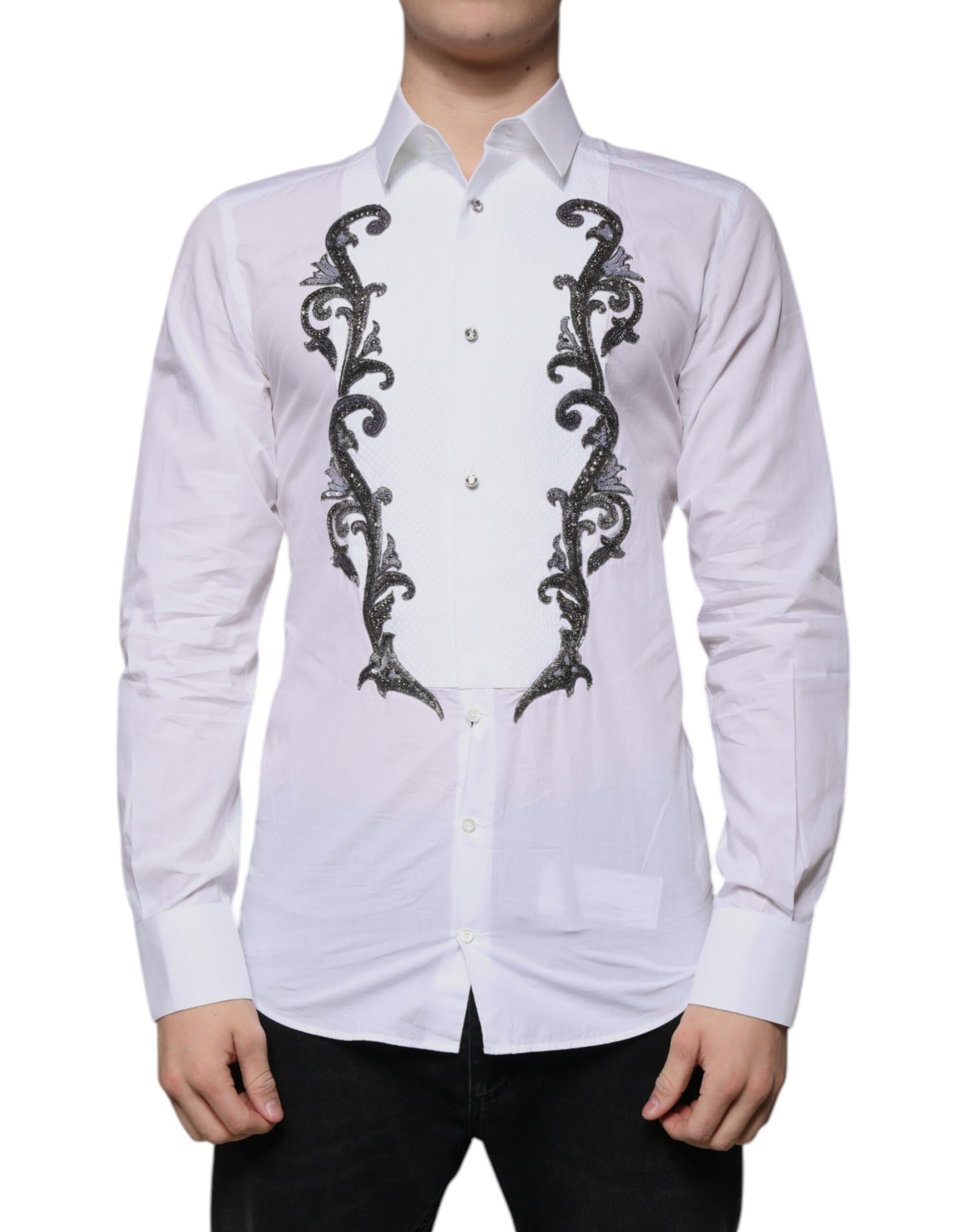 Dolce & Gabbana White Slim Fit Baroque GOLD Men Dress Shirt | Regal Royce