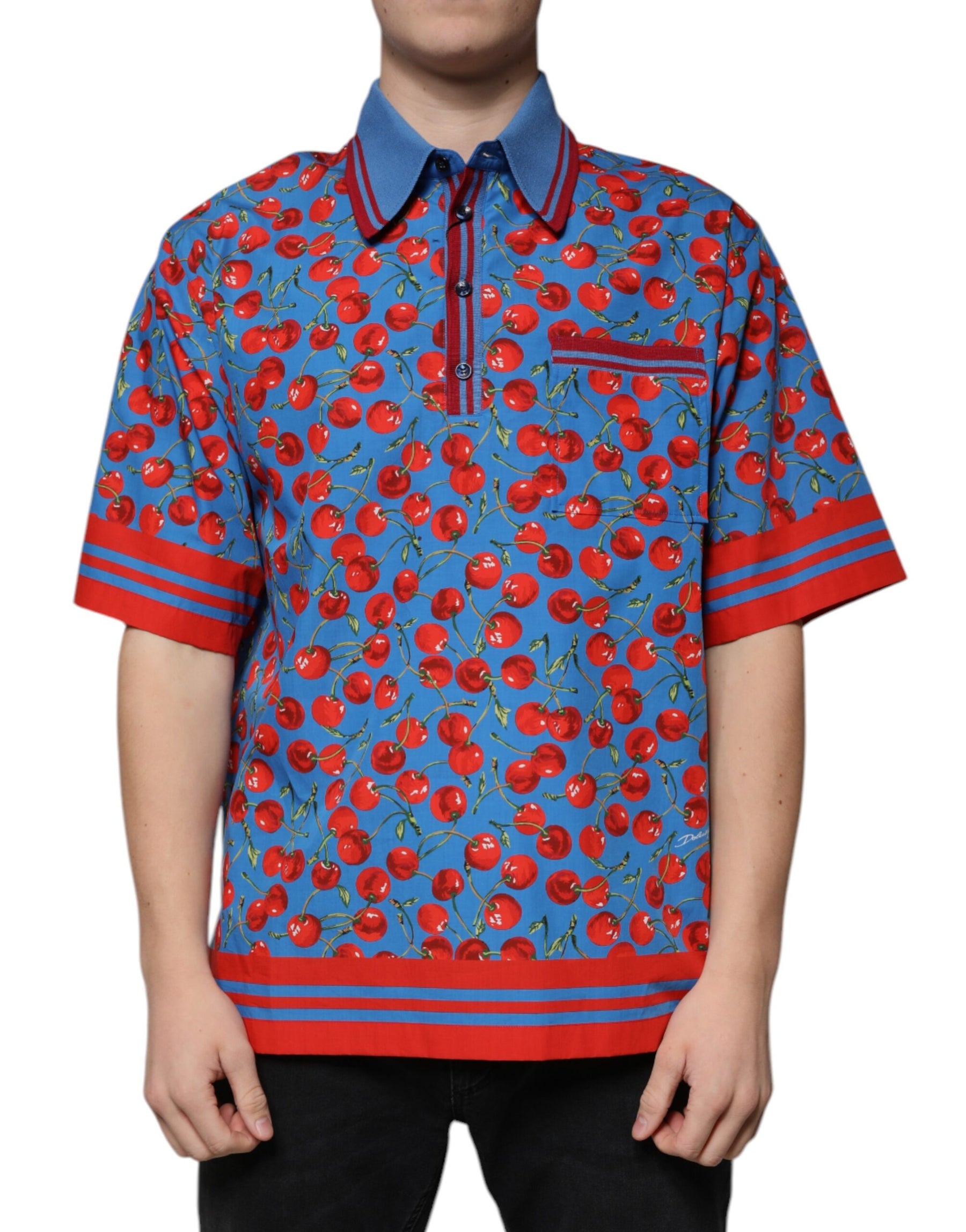 Dolce & Gabbana Blue Cherry Cotton Collared Men Polo T-shirt | Regal Royce