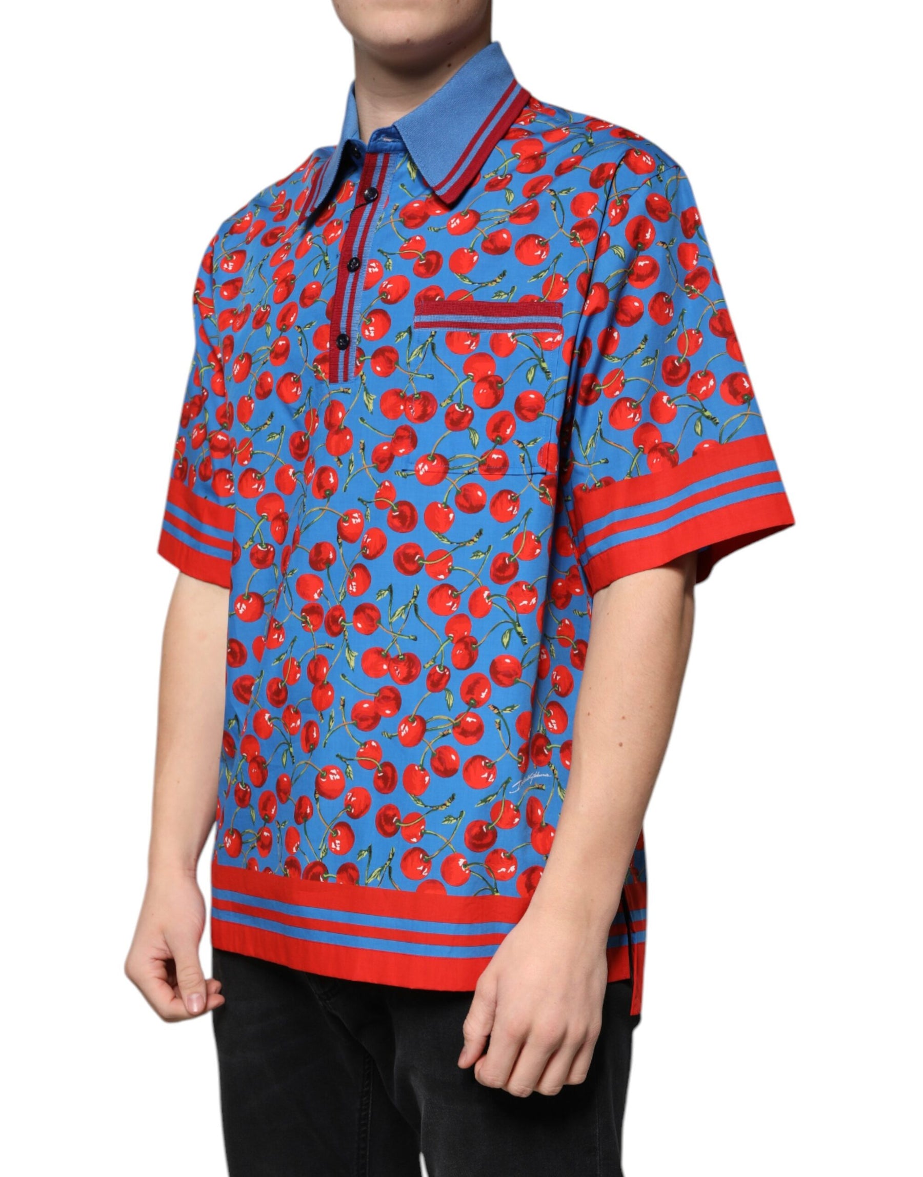 Dolce & Gabbana Blue Cherry Cotton Collared Men Polo T-shirt | Regal Royce