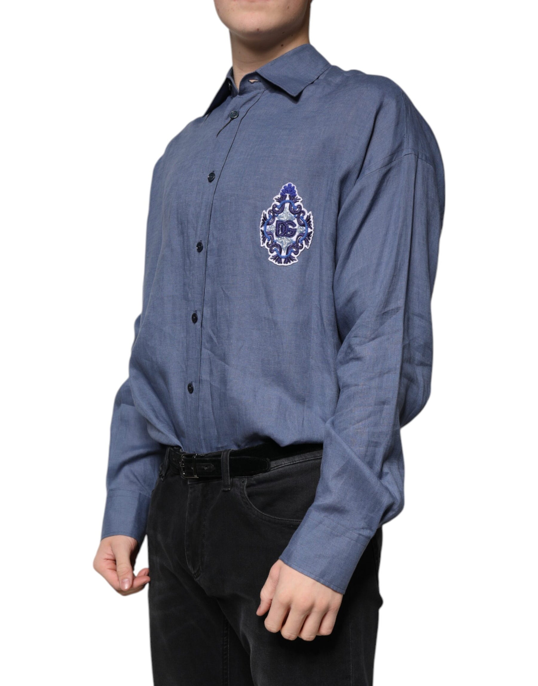 Dolce & Gabbana Blue Logo Long Sleeve Button Down Casual Shirt | Regal Royce