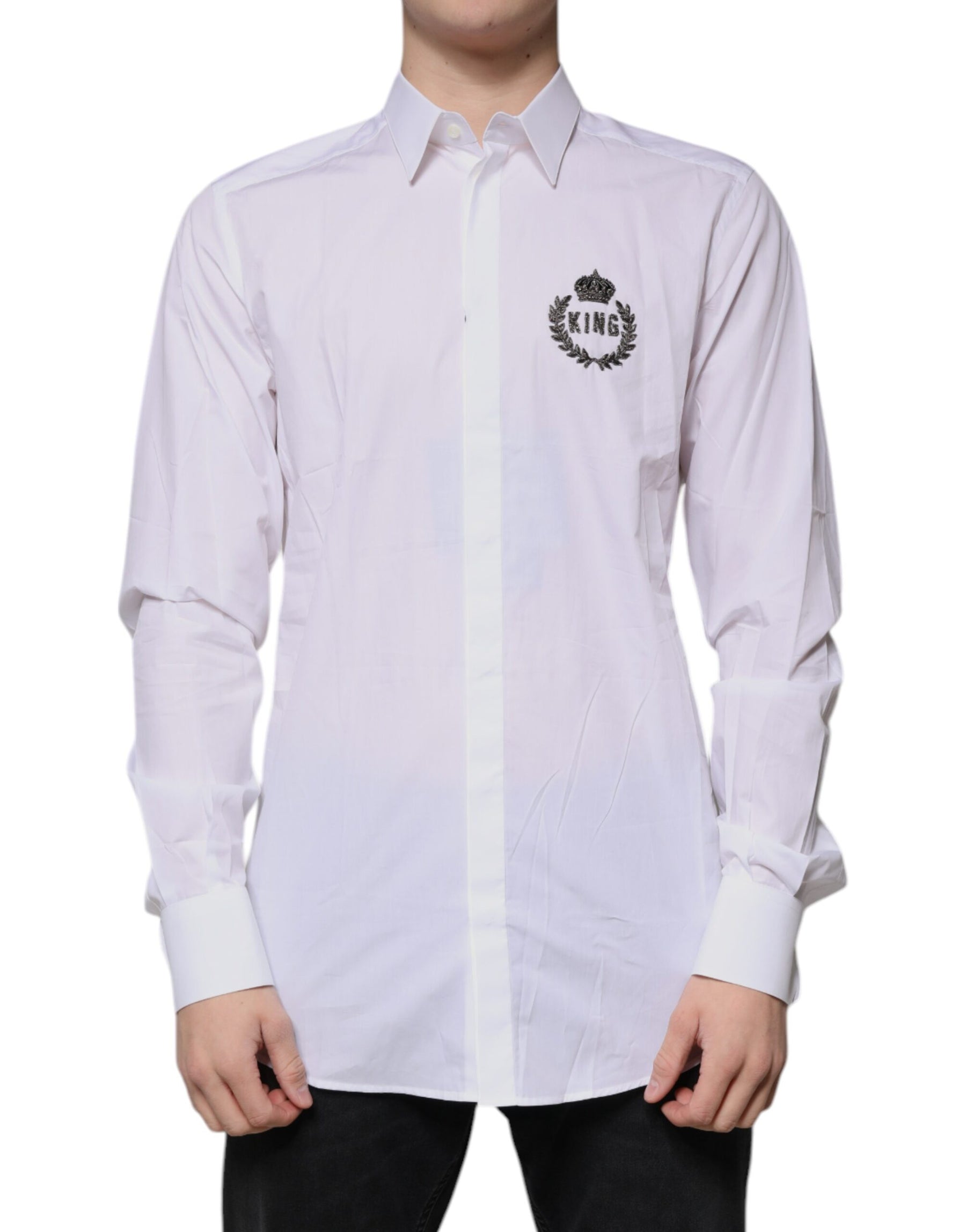 Dolce & Gabbana White Cotton Logo Formal Men GOLD Dress Shirt | Regal Royce