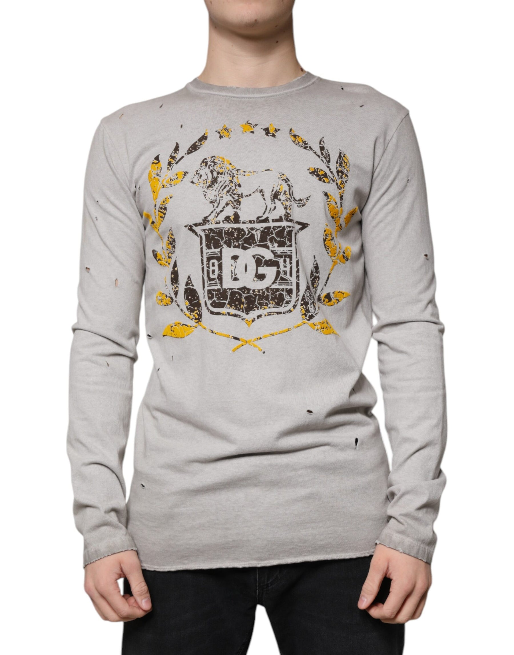 Dolce & Gabbana Gray Printed Cotton Crewneck Pullover Sweater | Regal Royce