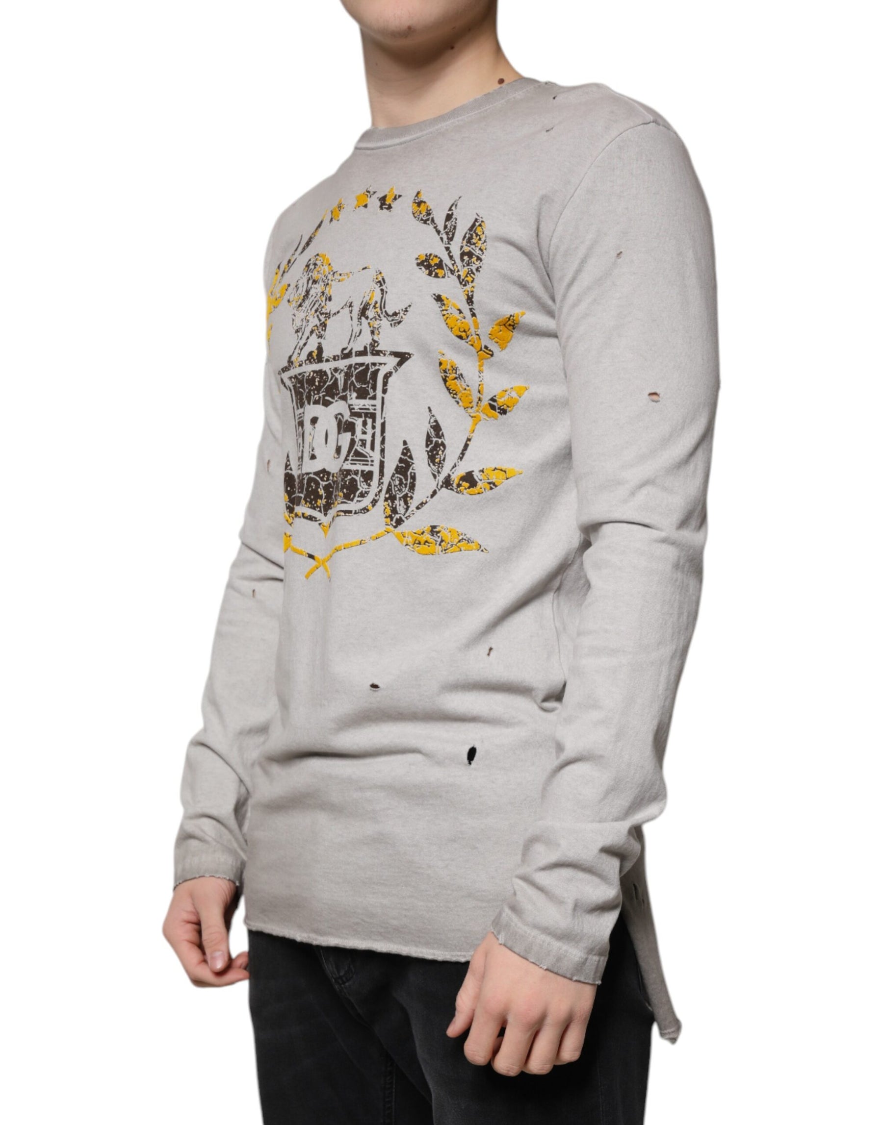 Dolce & Gabbana Gray Printed Cotton Crewneck Pullover Sweater | Regal Royce