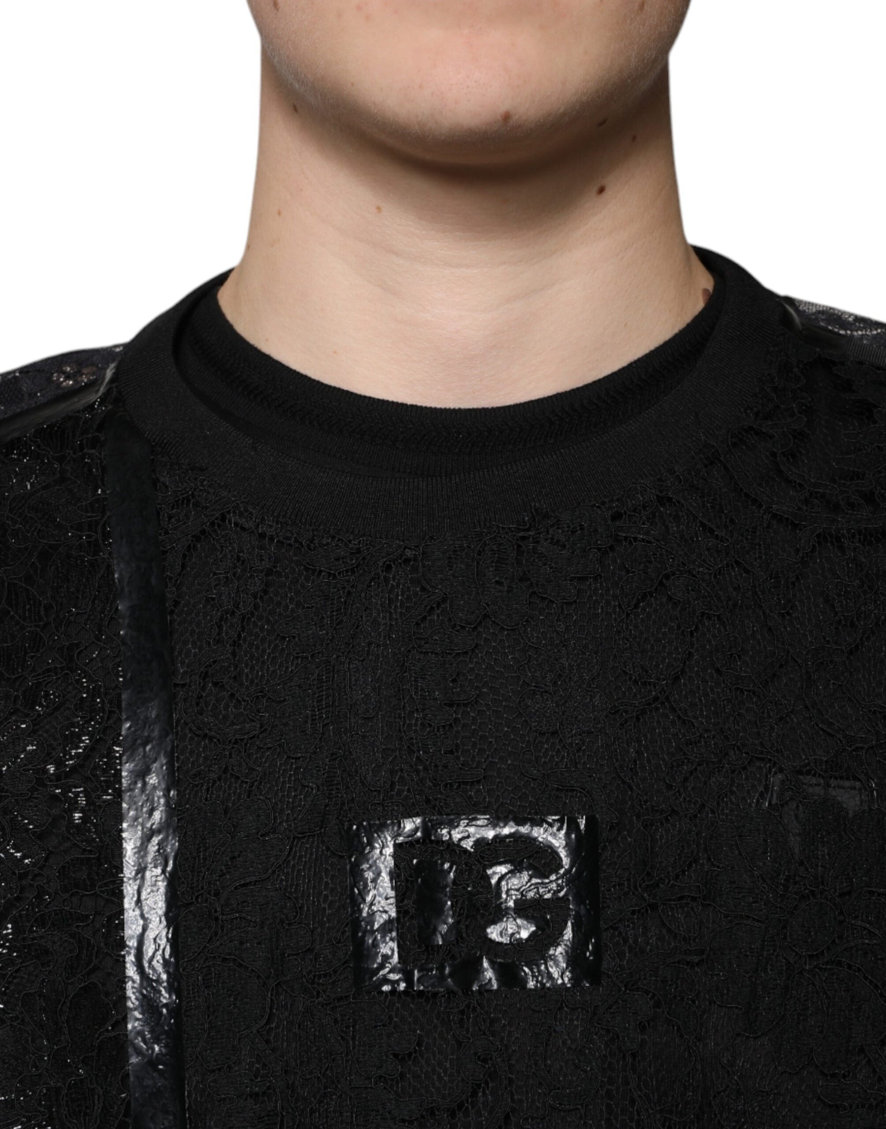 Dolce & Gabbana Black Nylon Floral Lace Crew Neck T-shirt | Regal Royce