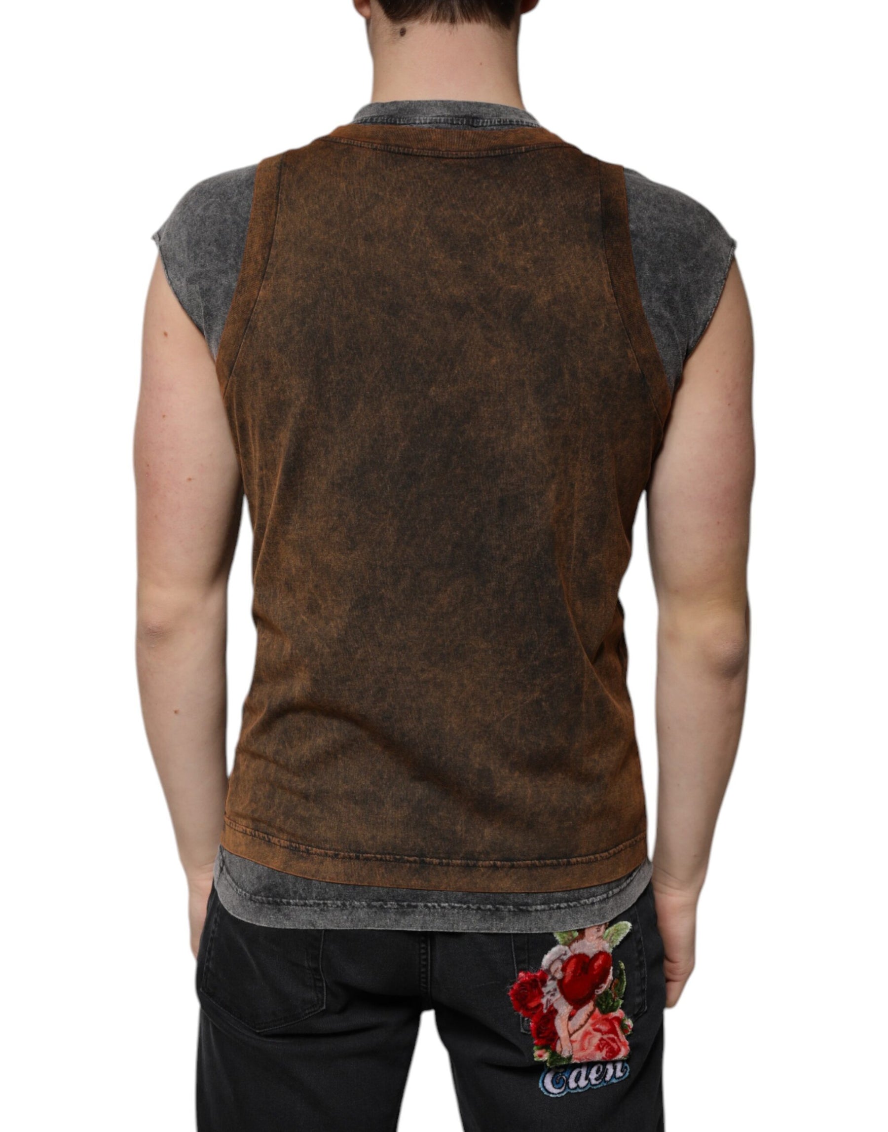 Dolce & Gabbana Brown Cotton Crew Neck Sleeveless T-shirt | Regal Royce