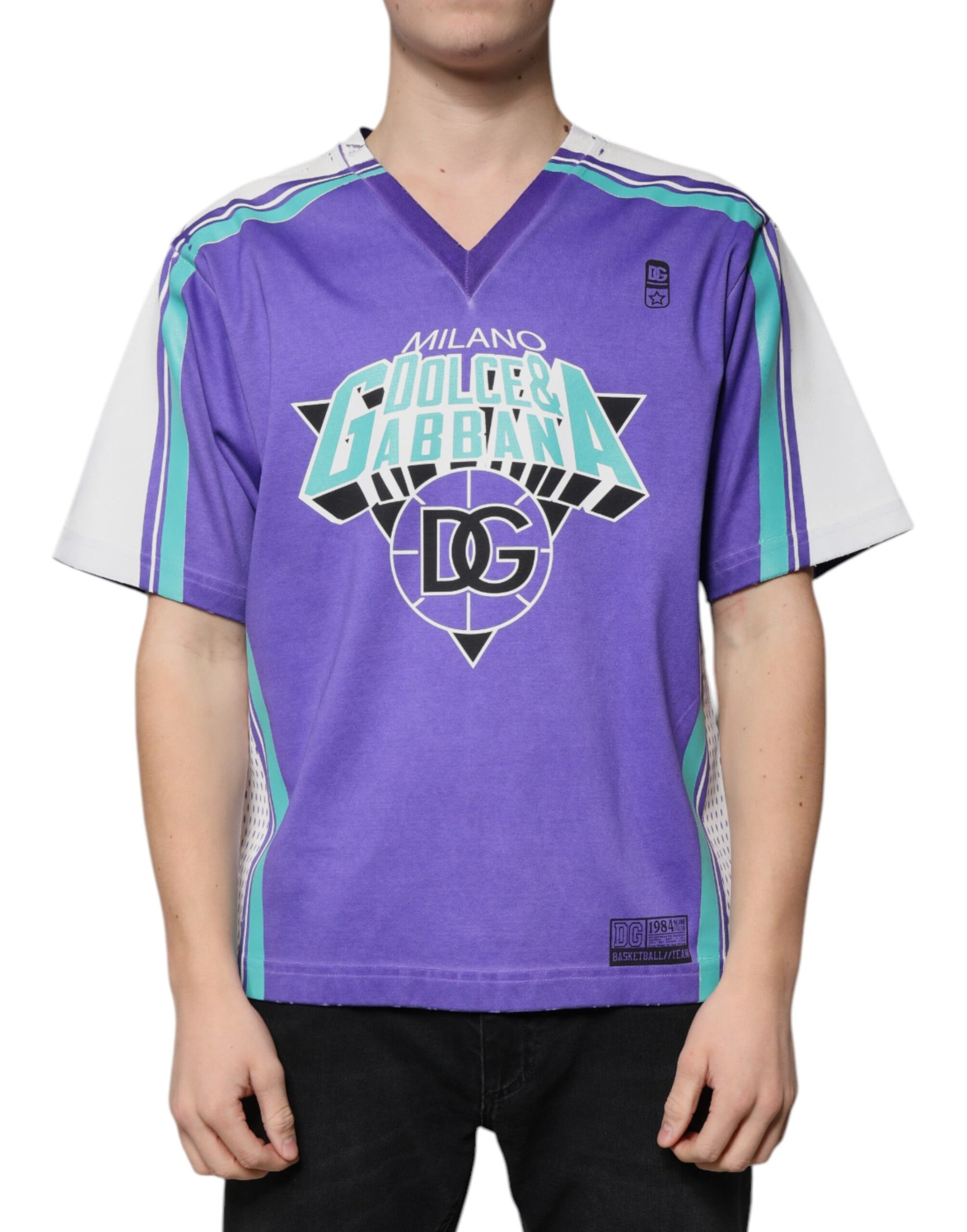 Dolce & Gabbana Purple Logo Jersey Cotton V-neck T-shirt | Regal Royce