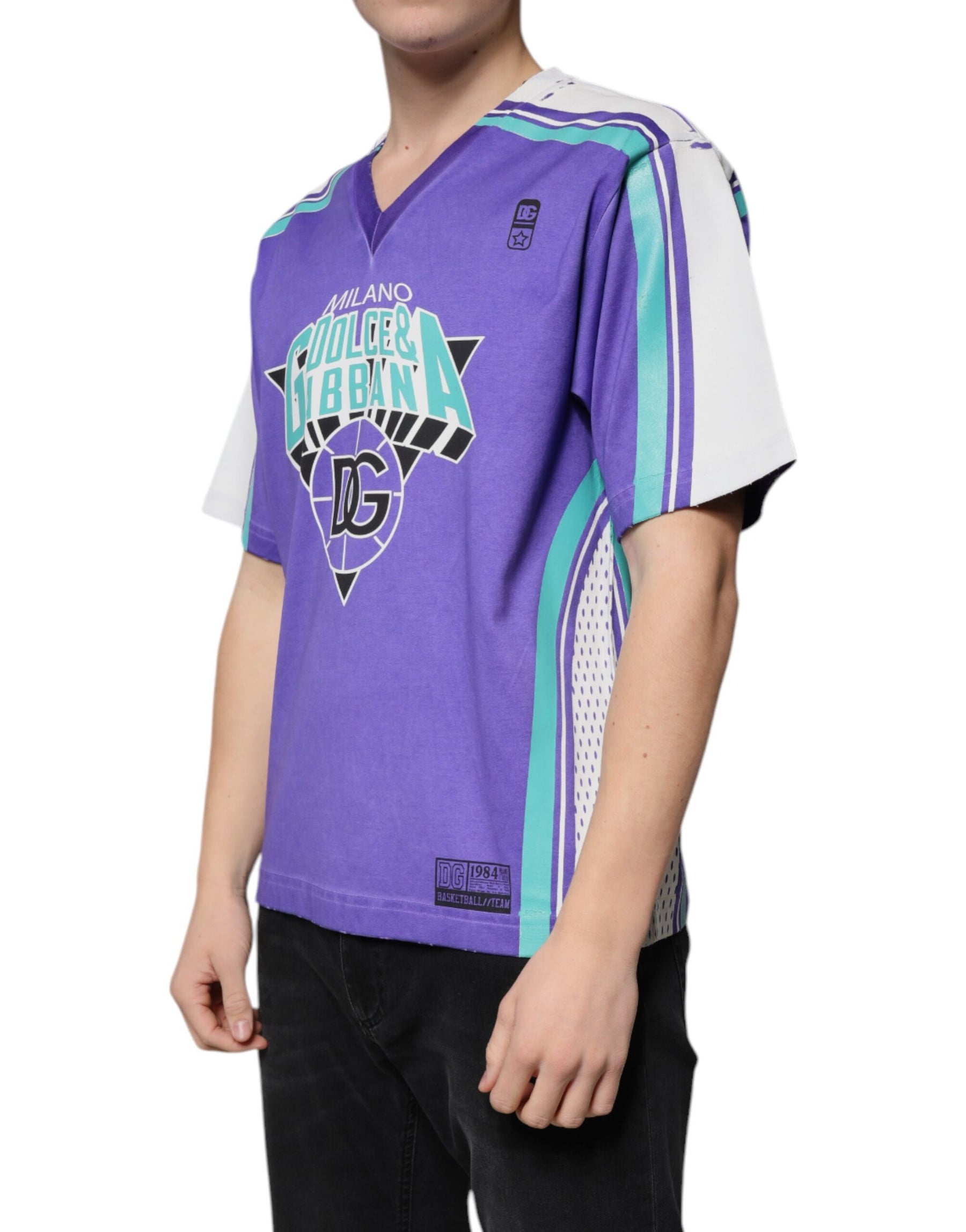 Dolce & Gabbana Purple Logo Jersey Cotton V-neck T-shirt | Regal Royce