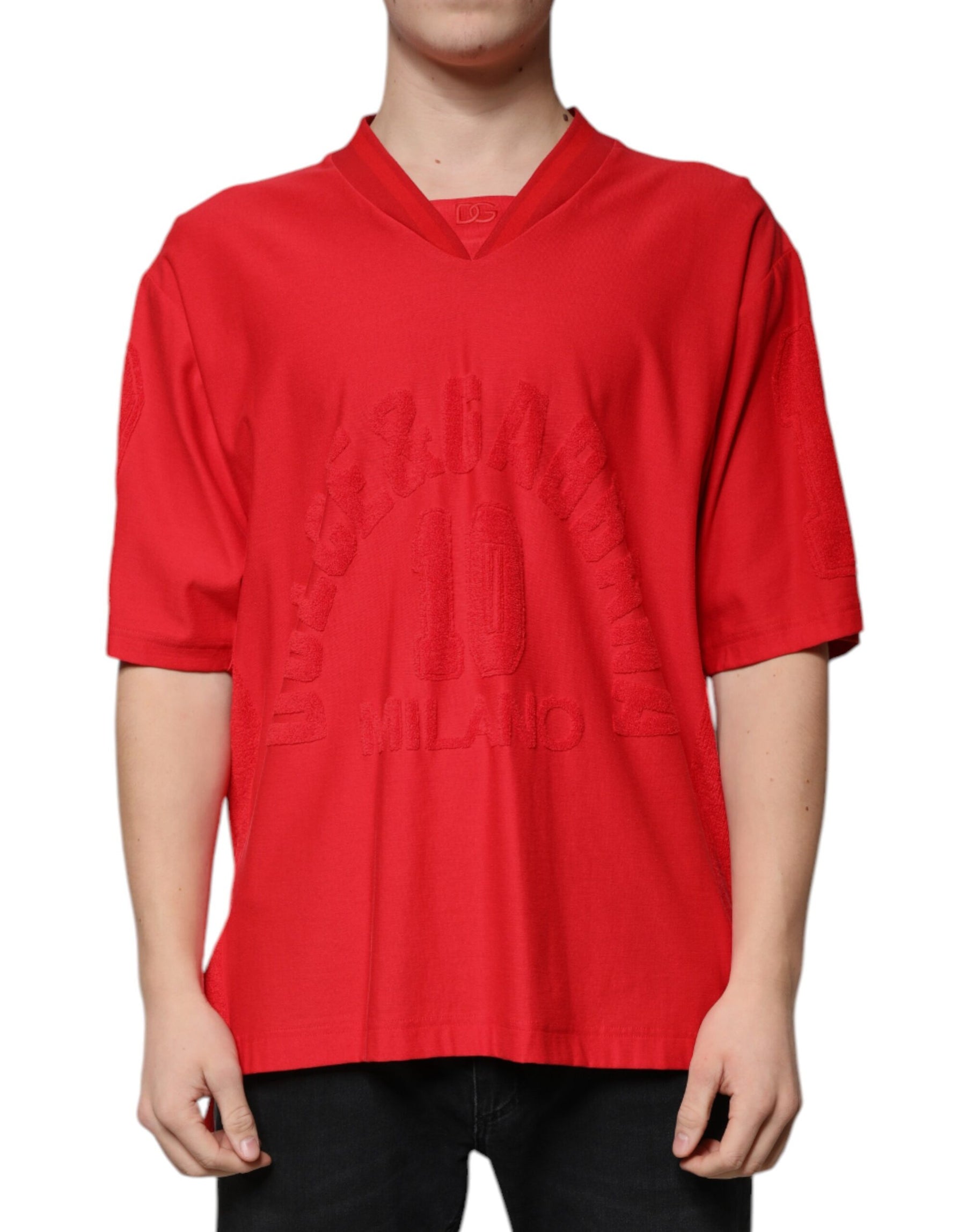 Dolce & Gabbana Red Cotton V-neck Short Sleeves T-shirt | Regal Royce