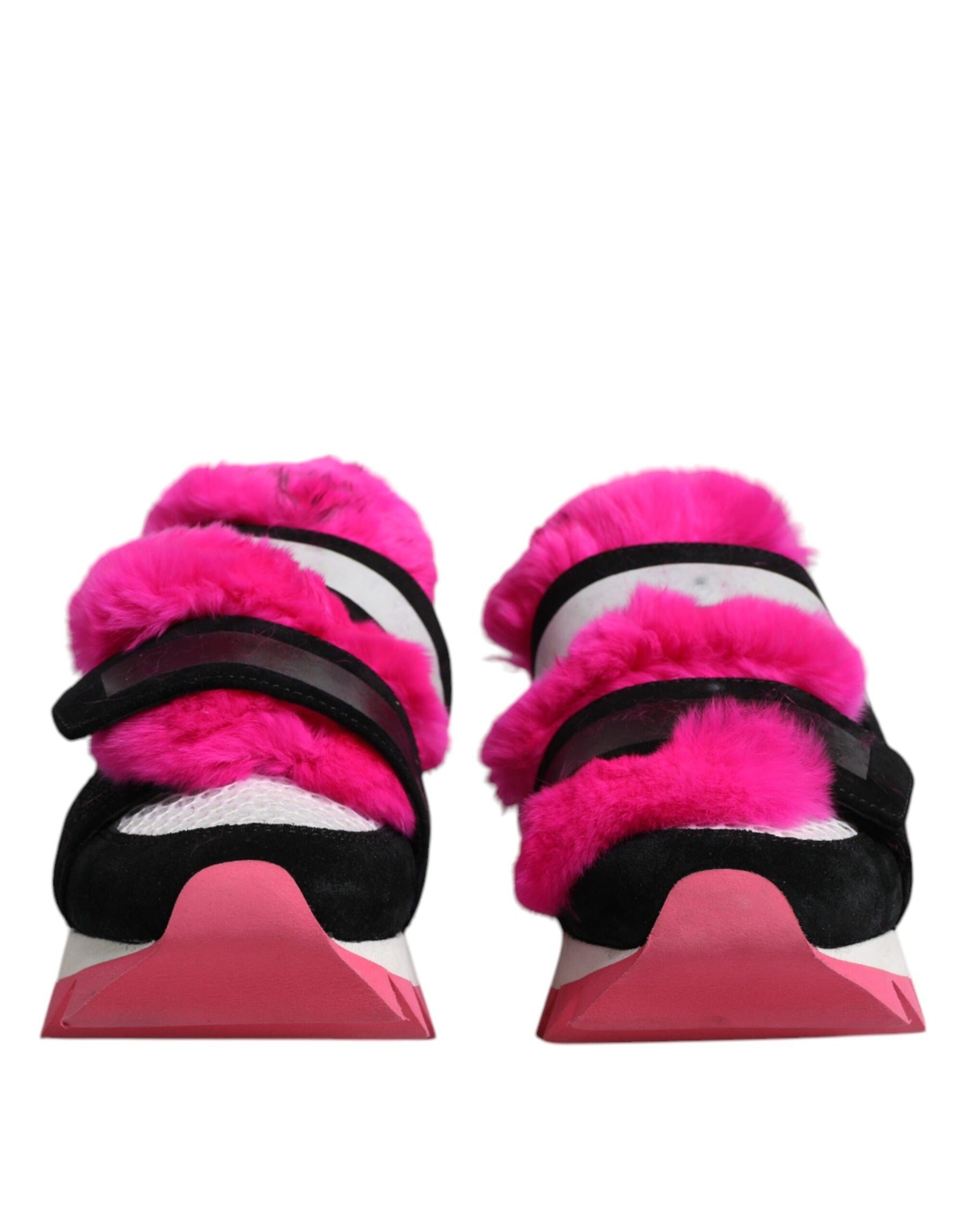 Dolce & Gabbana Black Pink Fur Embellished Sneakers Shoes | Regal Royce