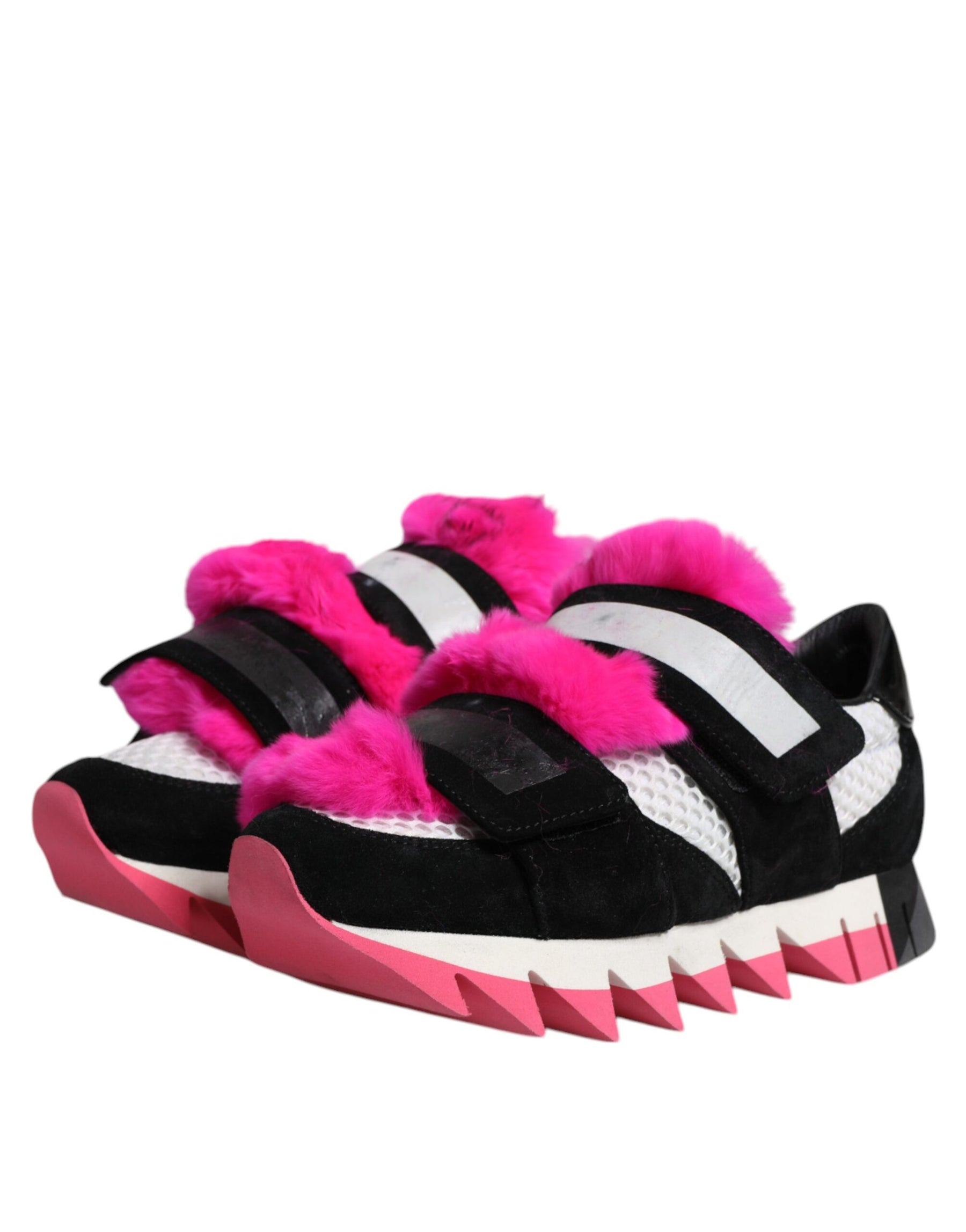 Dolce & Gabbana Black Pink Fur Embellished Sneakers Shoes | Regal Royce