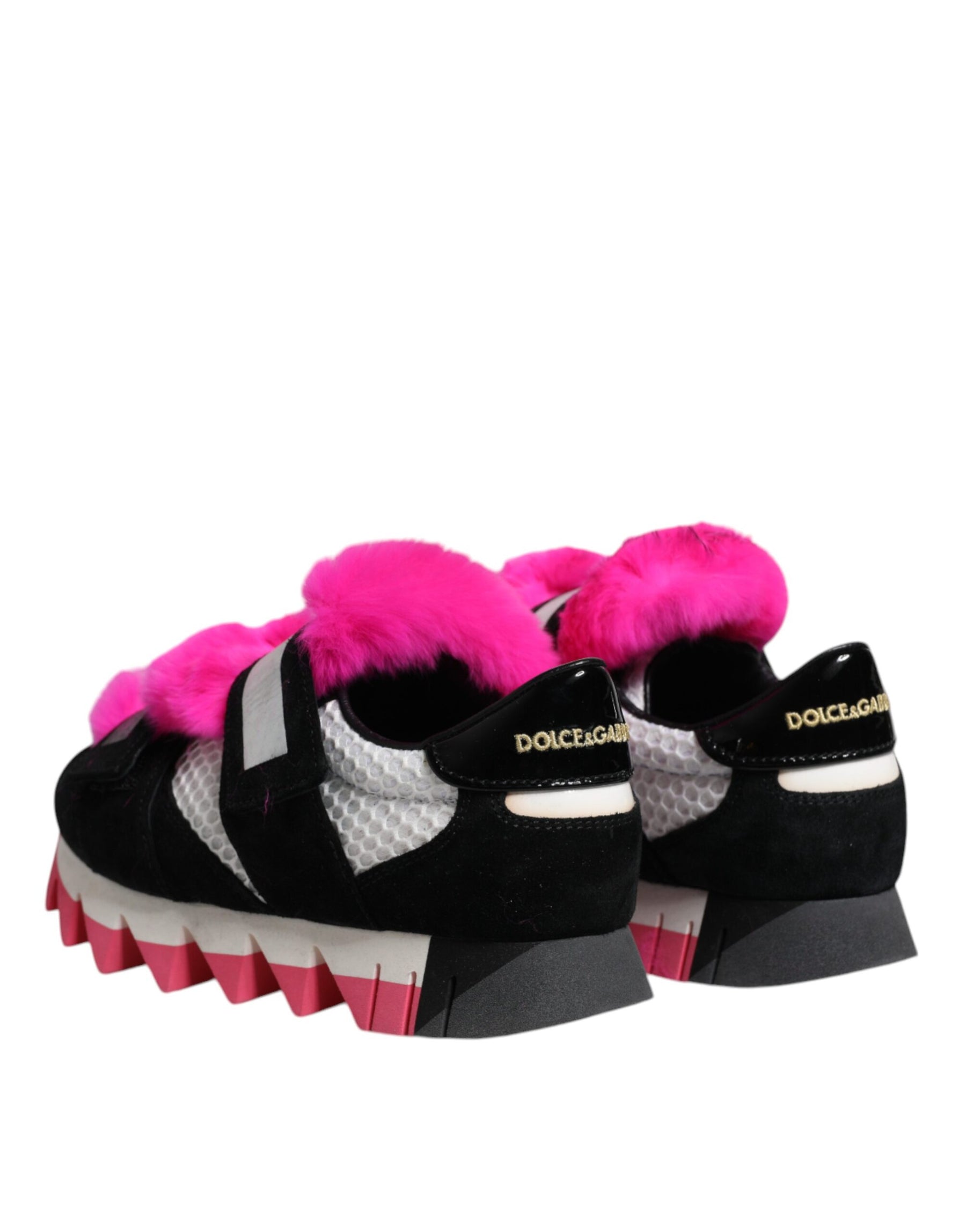 Dolce & Gabbana Black Pink Fur Embellished Sneakers Shoes | Regal Royce